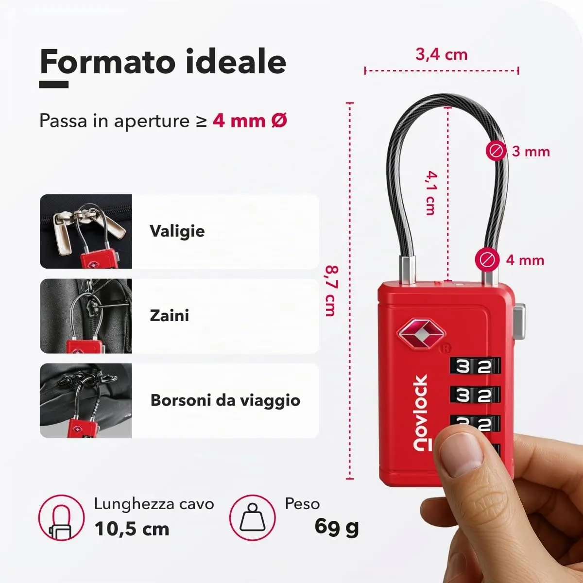 Lucchetti TSA con combinazione a 4 cifre – Per valigia, zaino, borsa da viaggio e bagaglio a mano – Ideali per viaggi in aereo – Confezione da 2 (rossi) - immagine 2