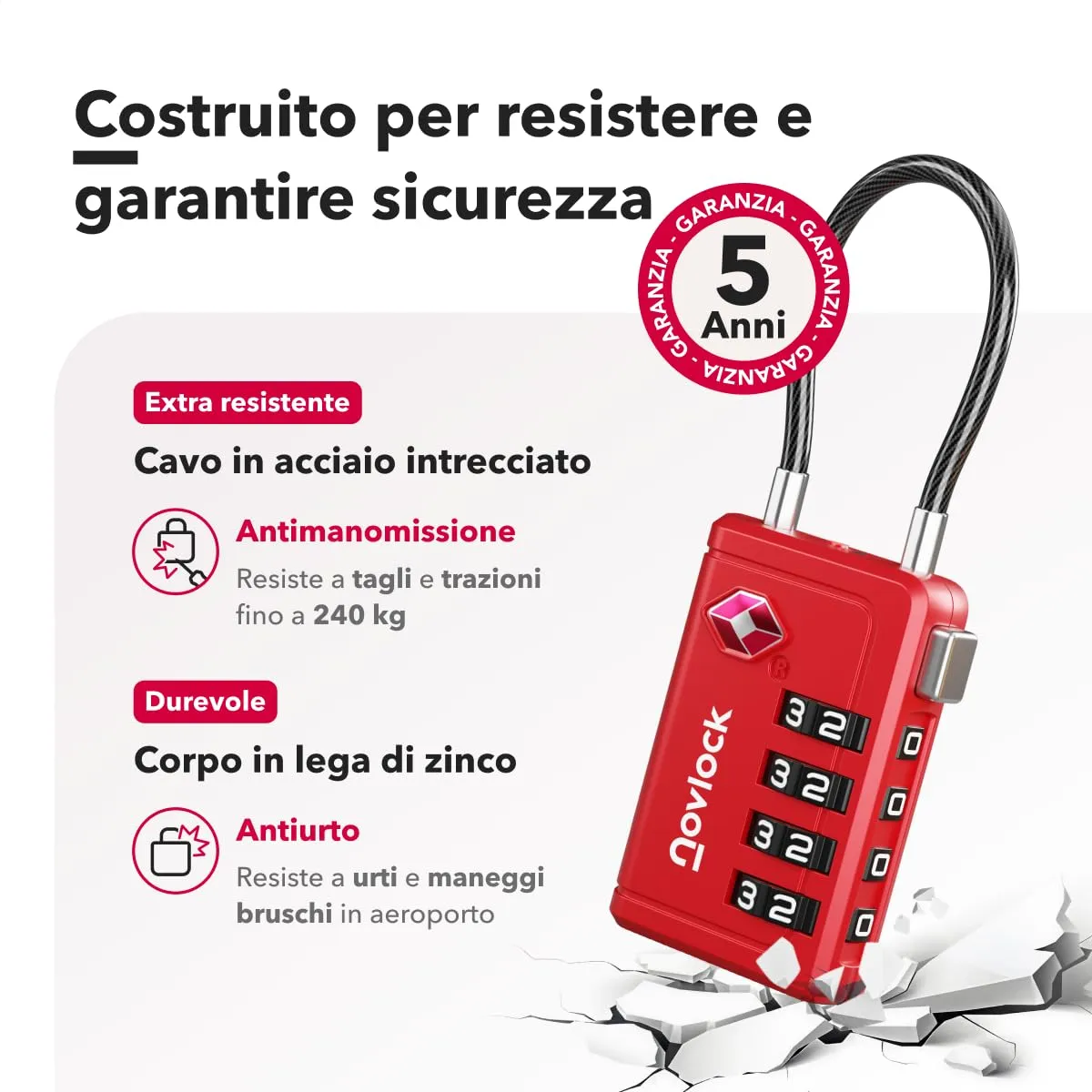 Lucchetti TSA con combinazione a 4 cifre – Per valigia, zaino, borsa da viaggio e bagaglio a mano – Ideali per viaggi in aereo – Confezione da 2 (rossi) - immagine 4