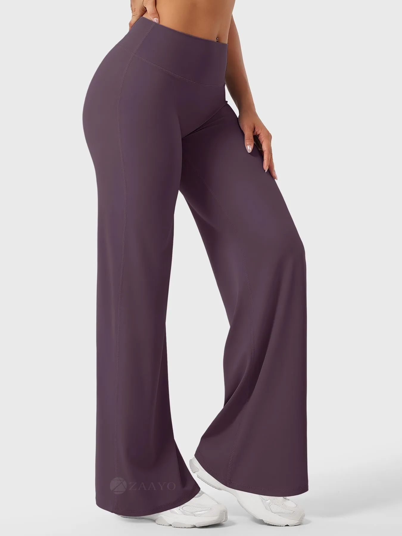 ZAAYO Leggings dritti da donna, senza cuciture, svasati, per yoga, palestra, nero, bacche, viola, L/largo - immagine 4