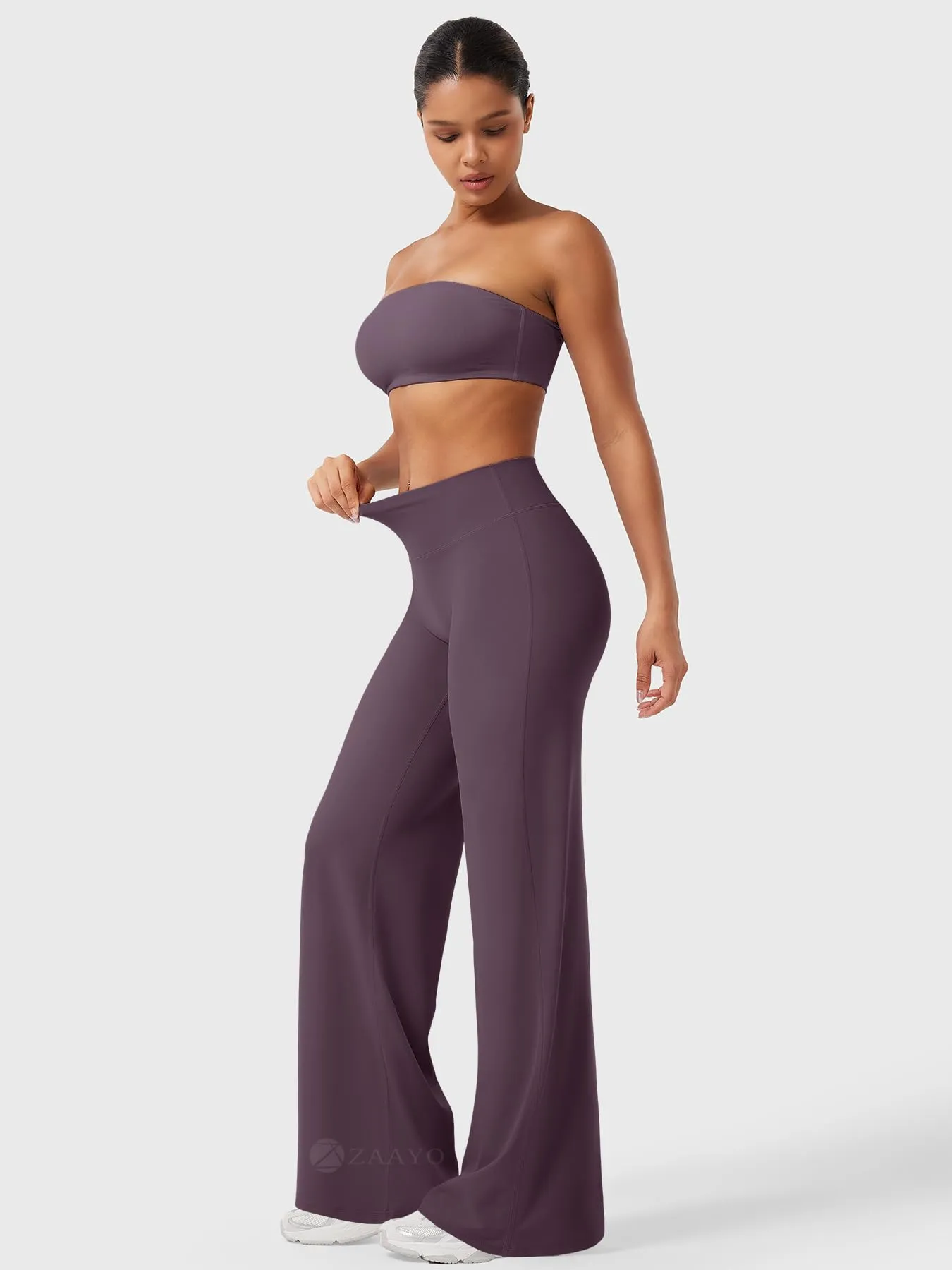 ZAAYO Leggings dritti da donna, senza cuciture, svasati, per yoga, palestra, nero, bacche, viola, L/largo - immagine 5