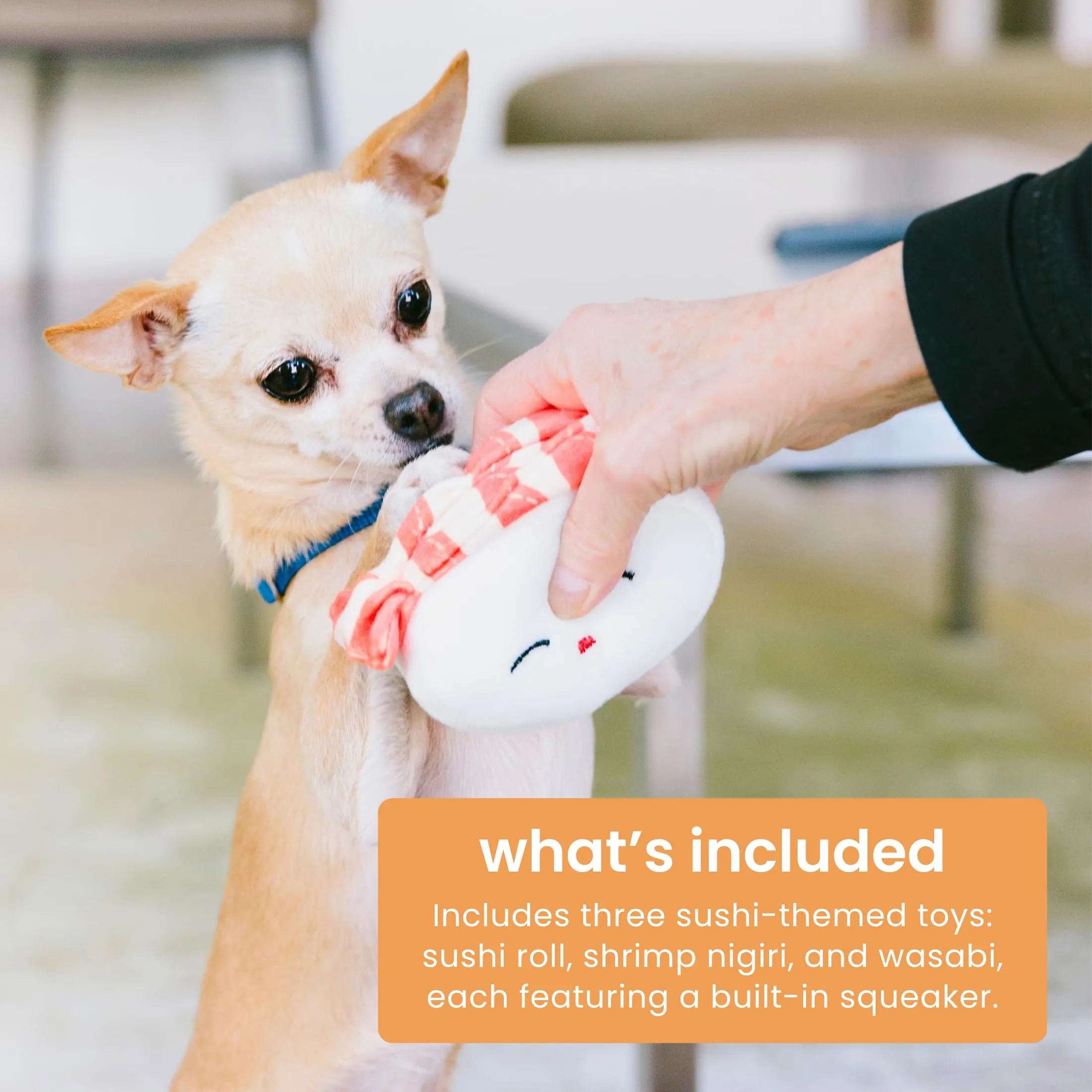 Pearhead Sushi Pet Toys - Set di 3 giocattoli per cani in peluche, per il proprietario di animali domestici deve avere accessorio per cani, morbidi giocattoli che squittiano, set di 3 - immagine 2