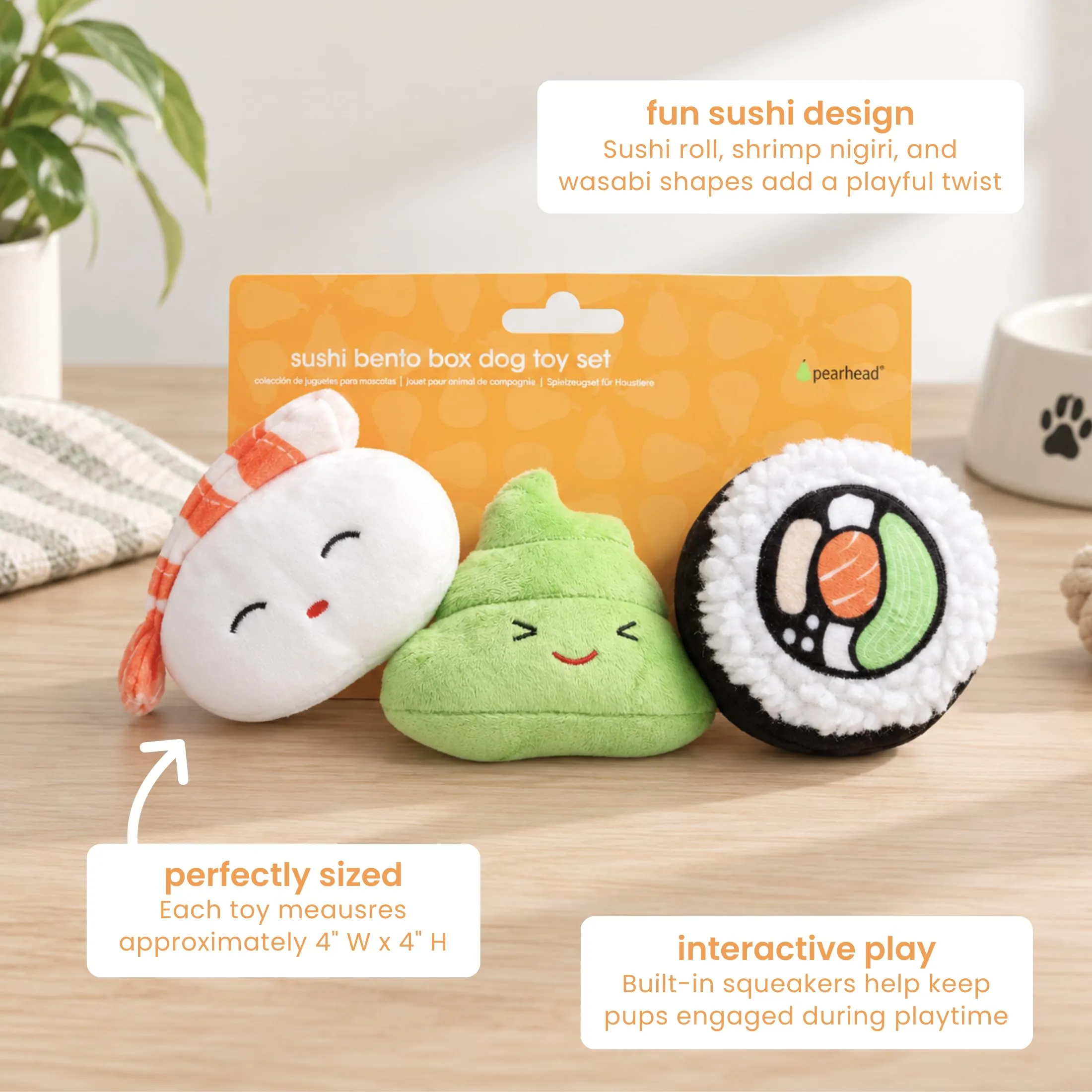 Pearhead Sushi Pet Toys - Set di 3 giocattoli per cani in peluche, per il proprietario di animali domestici deve avere accessorio per cani, morbidi giocattoli che squittiano, set di 3 - immagine 3