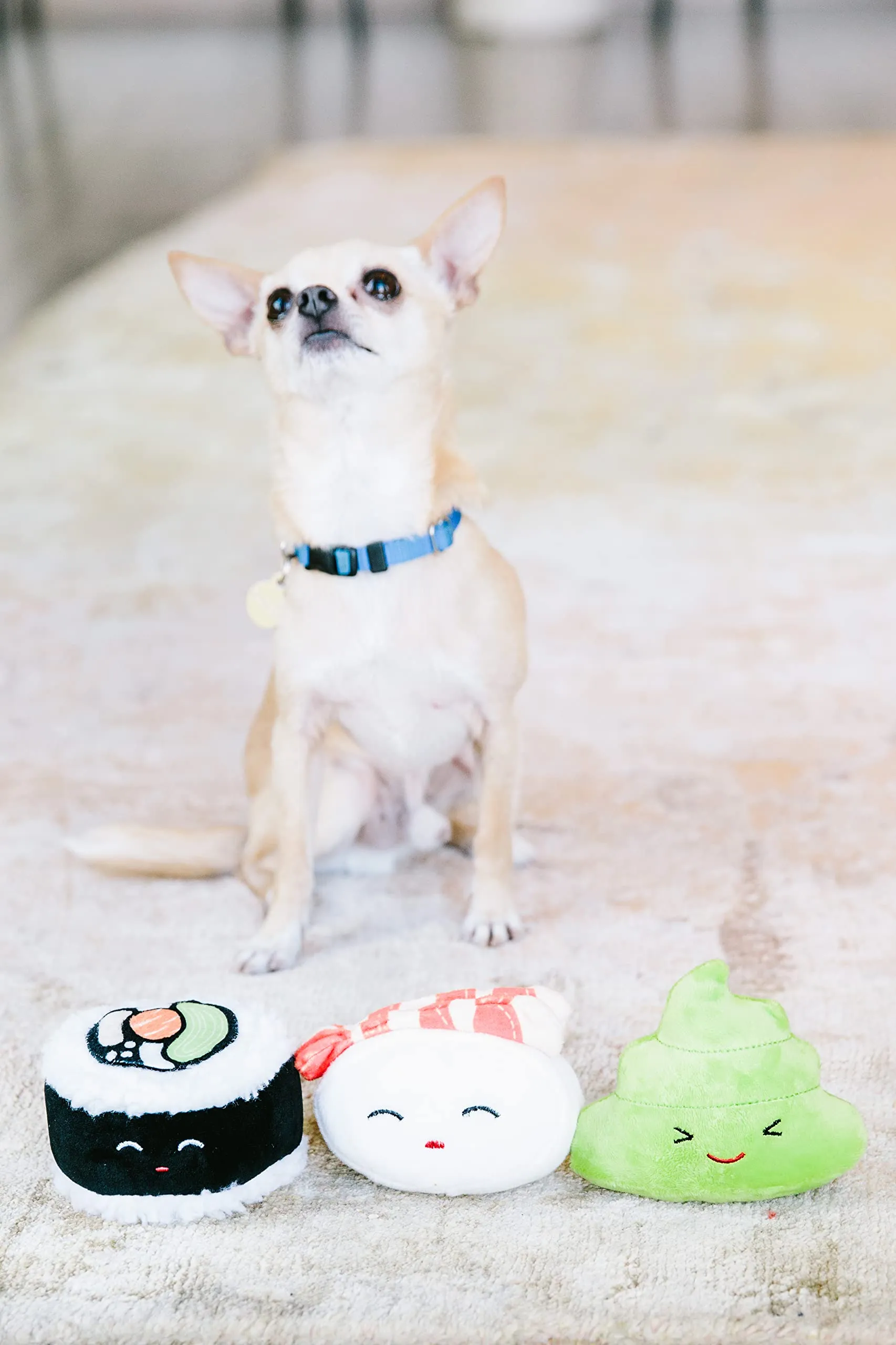 Pearhead Sushi Pet Toys - Set di 3 giocattoli per cani in peluche, per il proprietario di animali domestici deve avere accessorio per cani, morbidi giocattoli che squittiano, set di 3 - immagine 7
