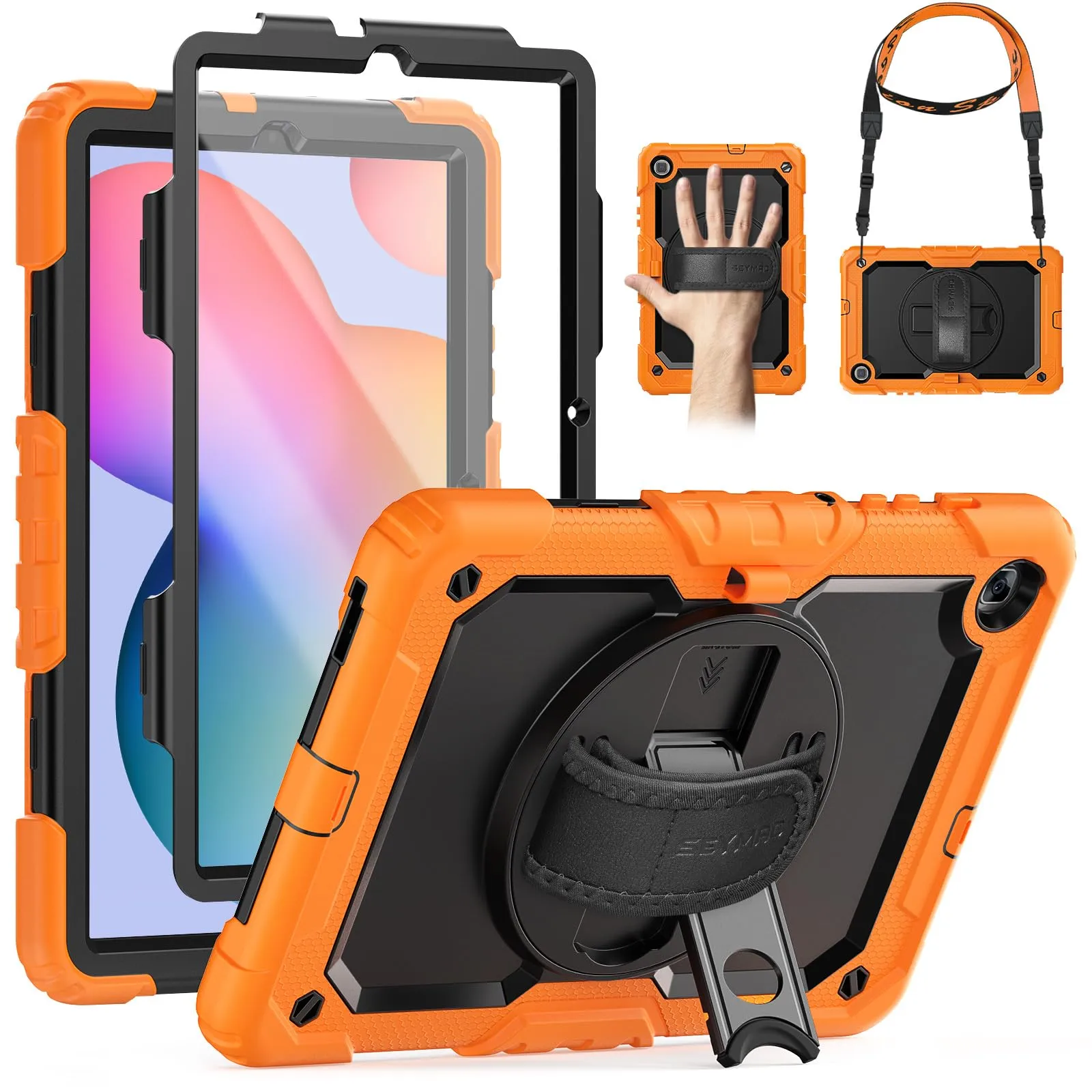 SEYMAC Custodia per Samsung Galaxy Tab S6 Lite 10.4 Pollici 2024/2022/2020, Custodia Antiurto con Pellicola Protettiva, Supporto Girevole a 360°/Tracolla, Tracolla, con Portapenne, Arancione - immagine 1