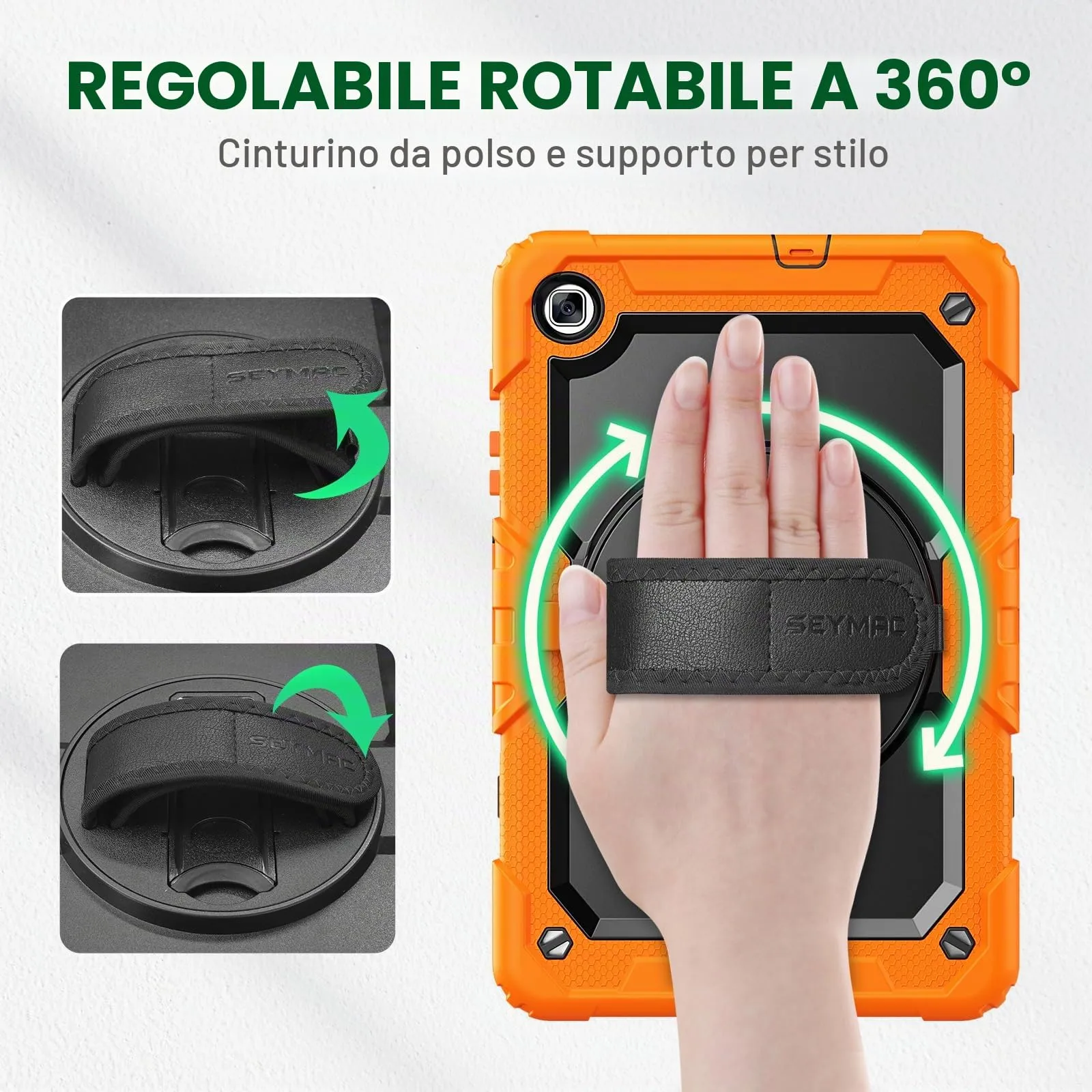 SEYMAC Custodia per Samsung Galaxy Tab S6 Lite 10.4 Pollici 2024/2022/2020, Custodia Antiurto con Pellicola Protettiva, Supporto Girevole a 360°/Tracolla, Tracolla, con Portapenne, Arancione - immagine 3
