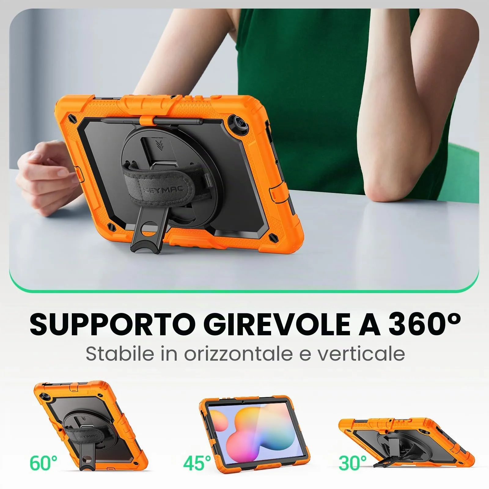 SEYMAC Custodia per Samsung Galaxy Tab S6 Lite 10.4 Pollici 2024/2022/2020, Custodia Antiurto con Pellicola Protettiva, Supporto Girevole a 360°/Tracolla, Tracolla, con Portapenne, Arancione - immagine 4