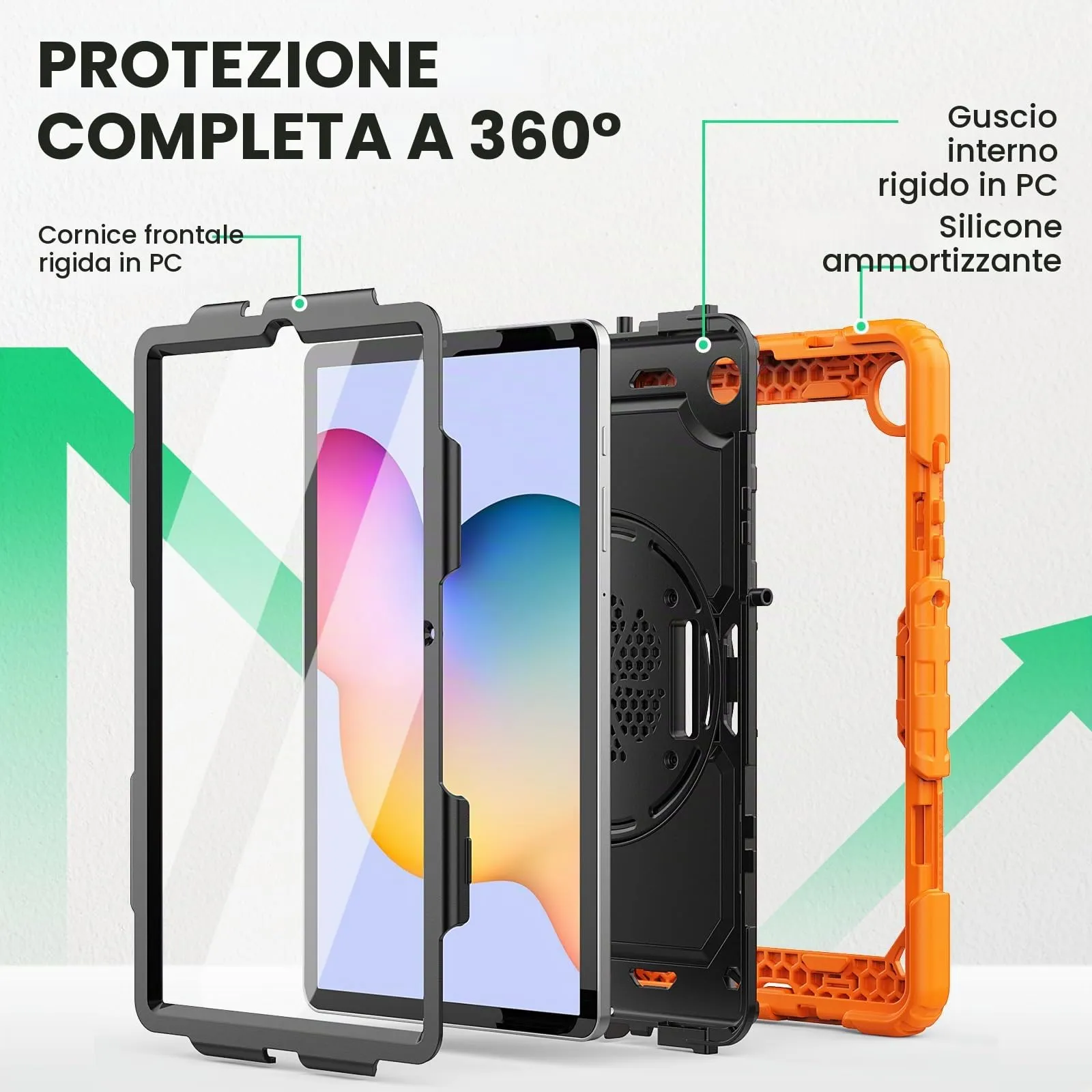 SEYMAC Custodia per Samsung Galaxy Tab S6 Lite 10.4 Pollici 2024/2022/2020, Custodia Antiurto con Pellicola Protettiva, Supporto Girevole a 360°/Tracolla, Tracolla, con Portapenne, Arancione - immagine 5