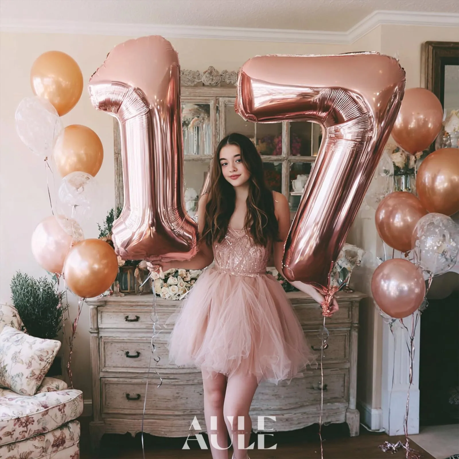 Palloncino Numero 17 Rosa Gold: Grande 101 cm Elio Palloncini Oro Rosa Antico Compleanno 71 Anni Mylar Foil Numeri Gigante Giganti per Festa di Anniversario Decorazioni - immagine 3