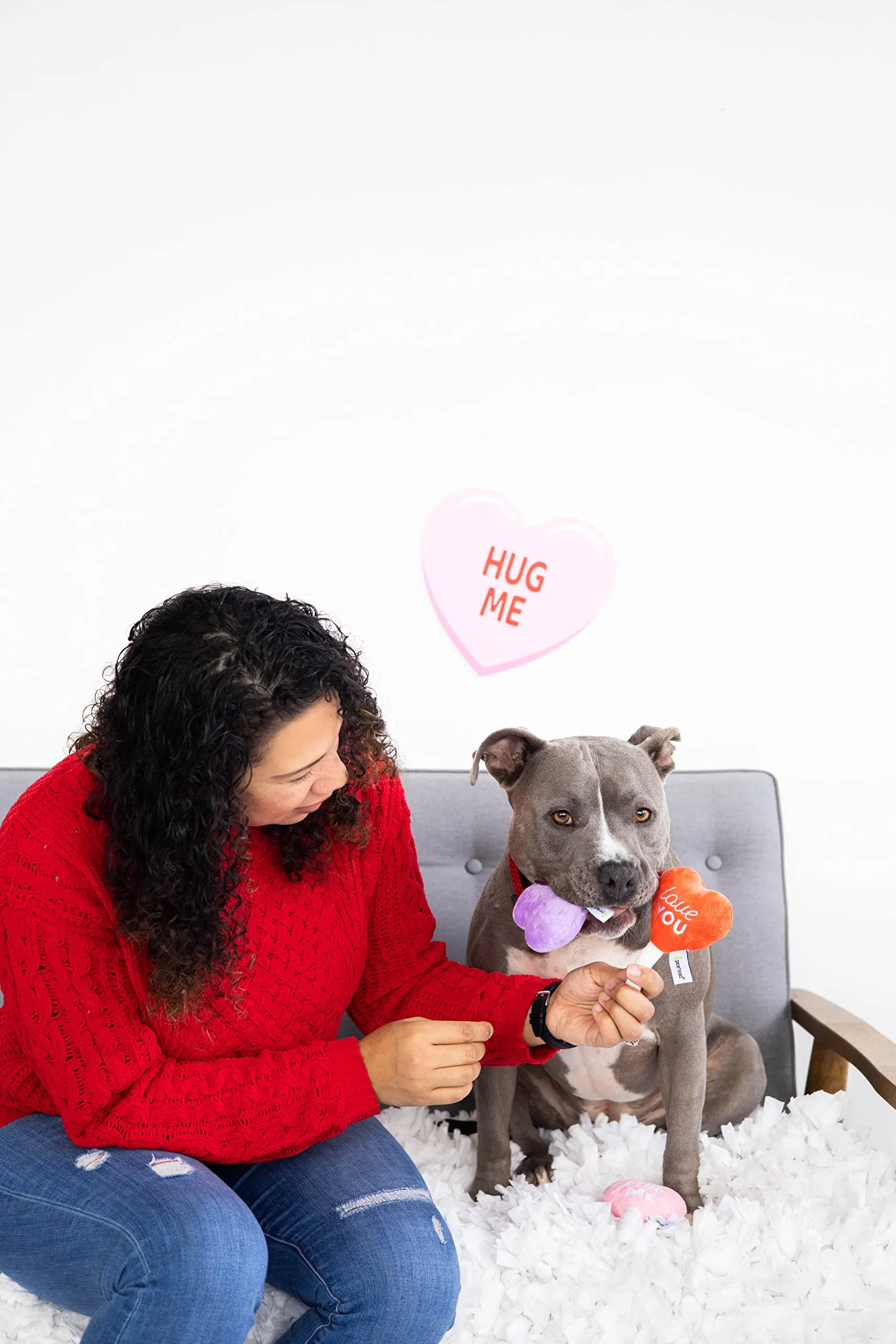 Pearhead Set di 3 giocattoli per cani in peluche per San Valentino, giocattoli interattivi da masticare per cani, caramelle e ghiaccioli - immagine 4