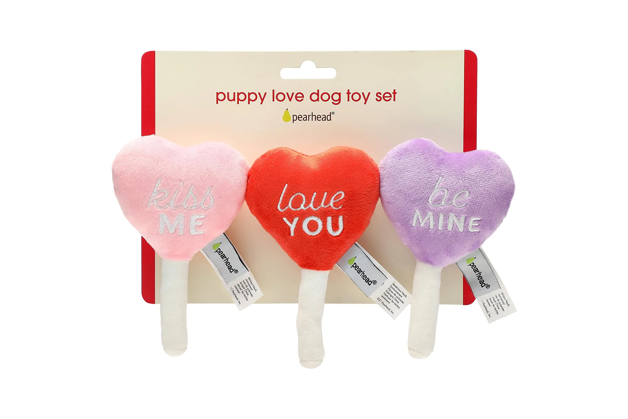 Pearhead Set di 3 giocattoli per cani in peluche per San Valentino, giocattoli interattivi da masticare per cani, caramelle e ghiaccioli - immagine 6