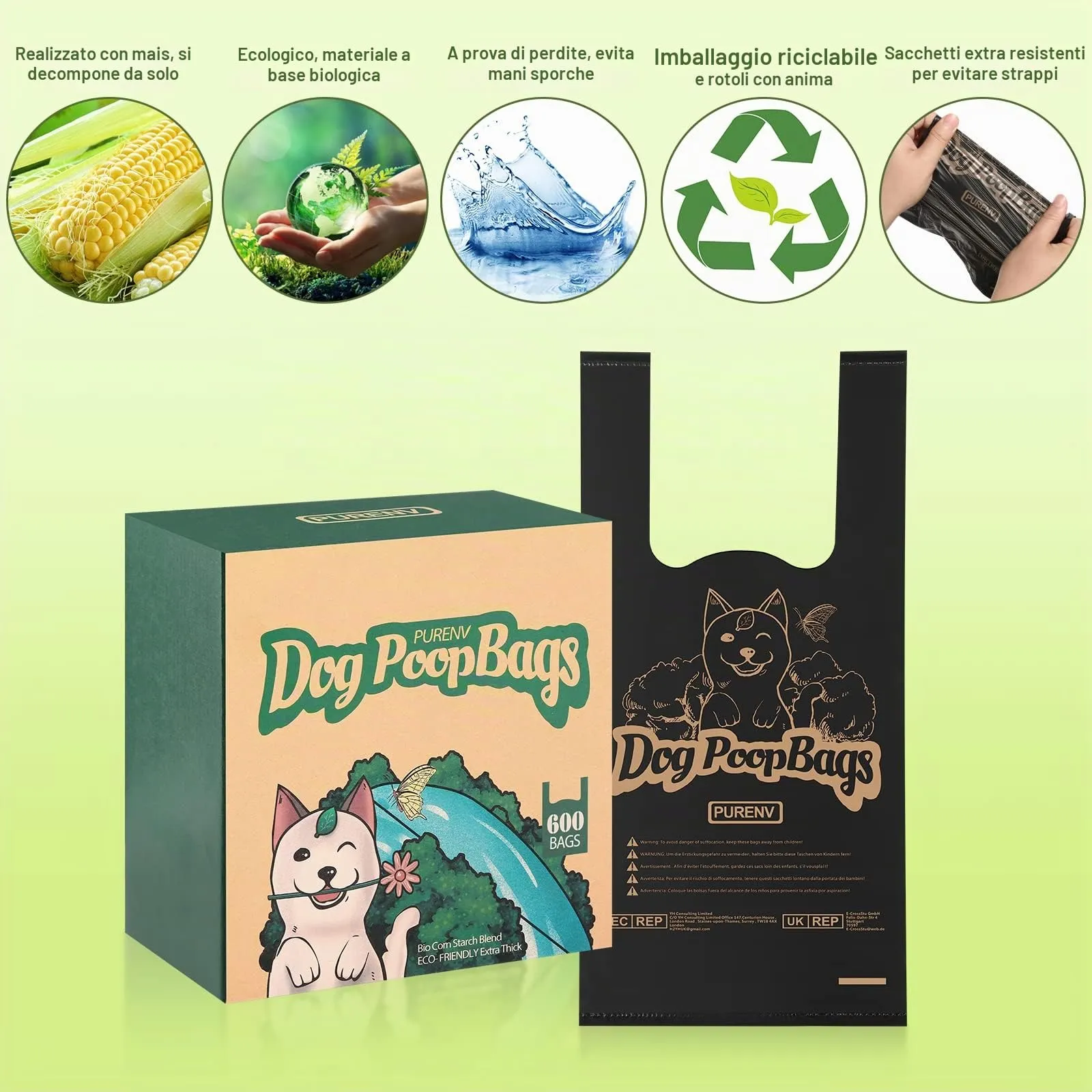PURENV Biodegradabili Sacchetti Cane, 600 Pezzi Ecologico Sacchettini per Pupù per Cani con Manici, 18 * 38 CM Extra Grande, 100% Prova di Perdite Ultra spessa, Super Forte, con Dispenser Scatola - immagine 2