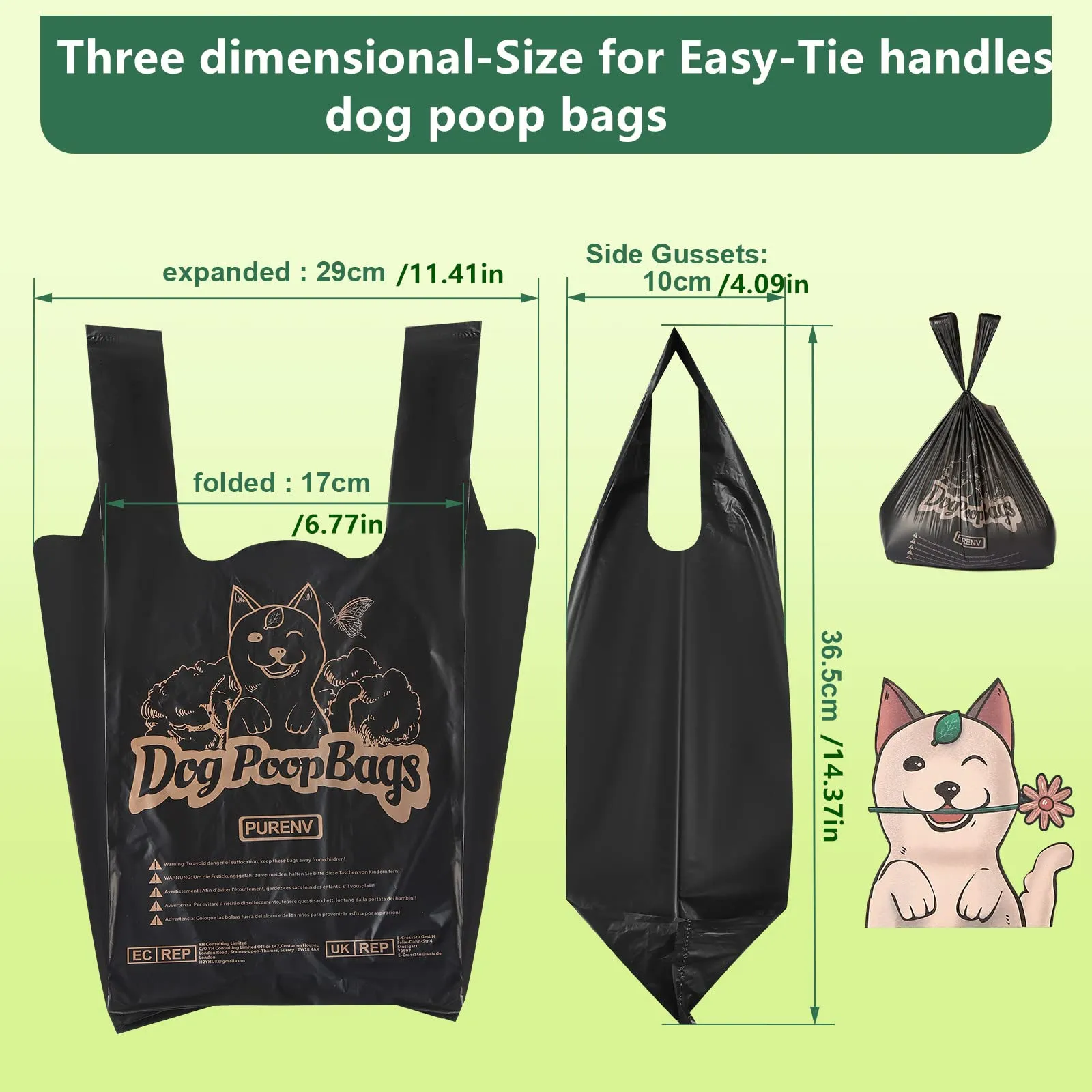 PURENV Biodegradabili Sacchetti Cane, 600 Pezzi Ecologico Sacchettini per Pupù per Cani con Manici, 18 * 38 CM Extra Grande, 100% Prova di Perdite Ultra spessa, Super Forte, con Dispenser Scatola - immagine 4