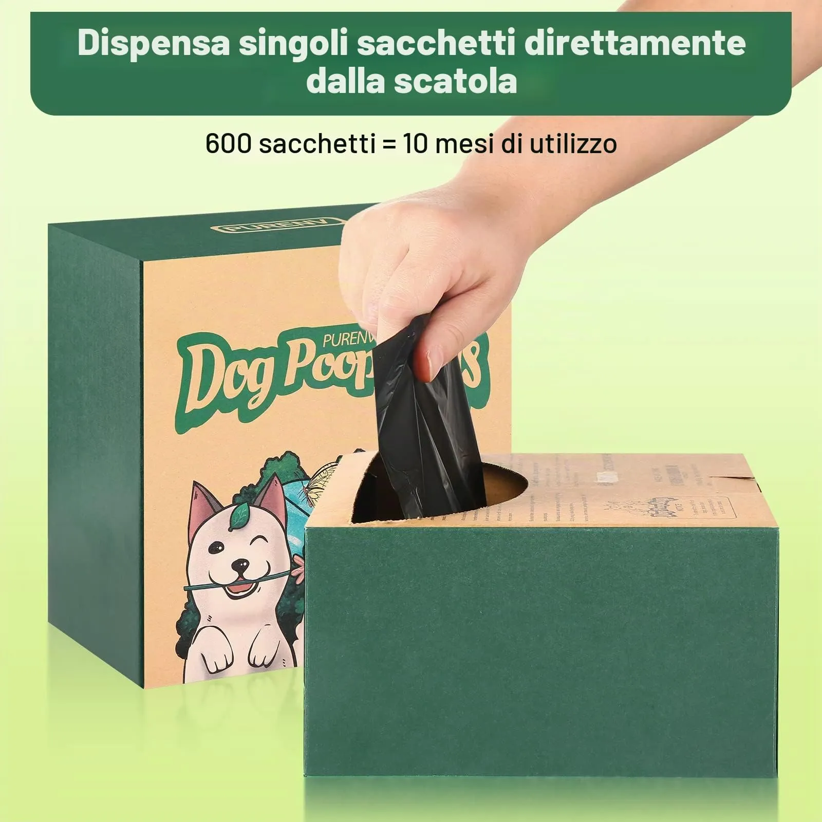 PURENV Biodegradabili Sacchetti Cane, 600 Pezzi Ecologico Sacchettini per Pupù per Cani con Manici, 18 * 38 CM Extra Grande, 100% Prova di Perdite Ultra spessa, Super Forte, con Dispenser Scatola - immagine 5