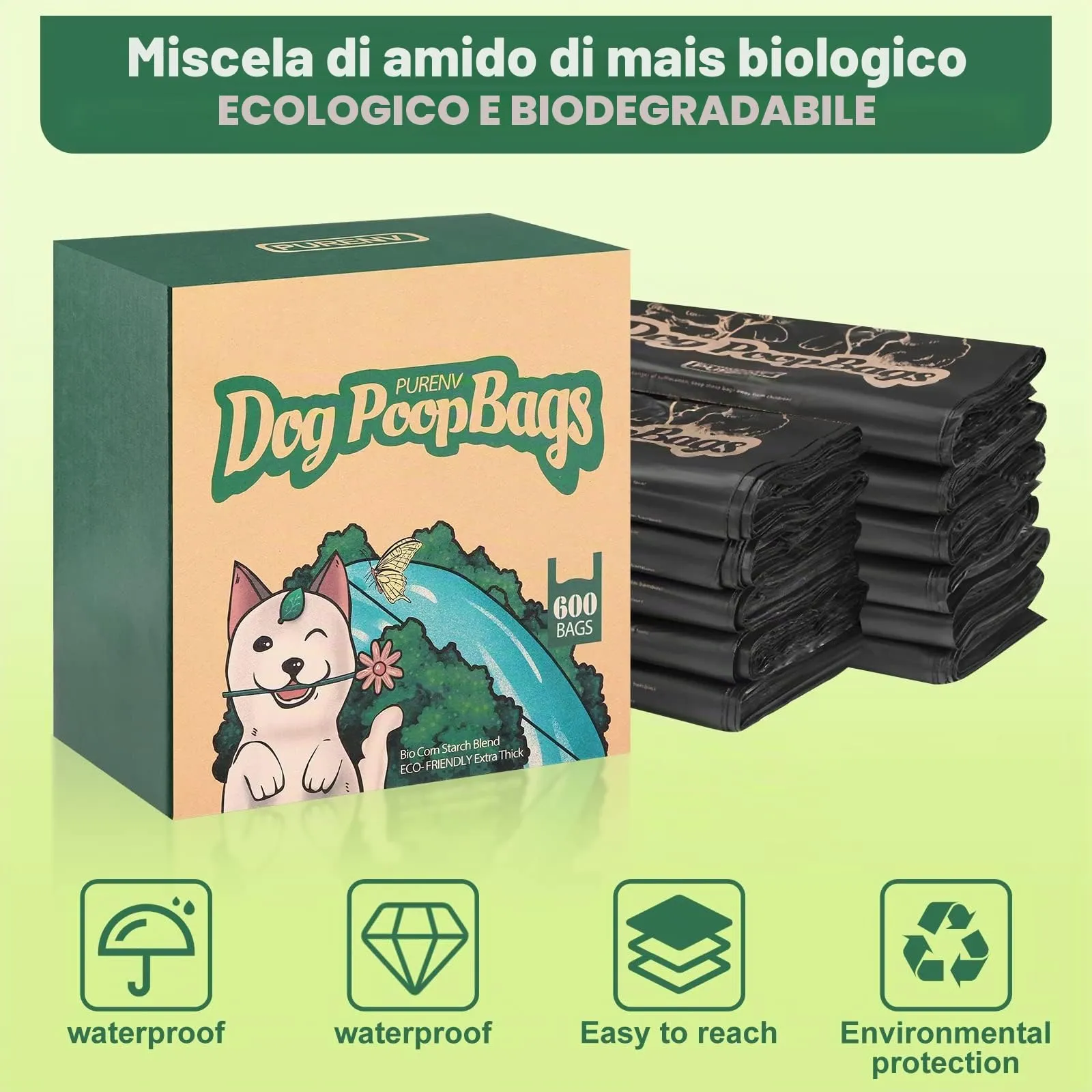 PURENV Biodegradabili Sacchetti Cane, 600 Pezzi Ecologico Sacchettini per Pupù per Cani con Manici, 18 * 38 CM Extra Grande, 100% Prova di Perdite Ultra spessa, Super Forte, con Dispenser Scatola - immagine 6