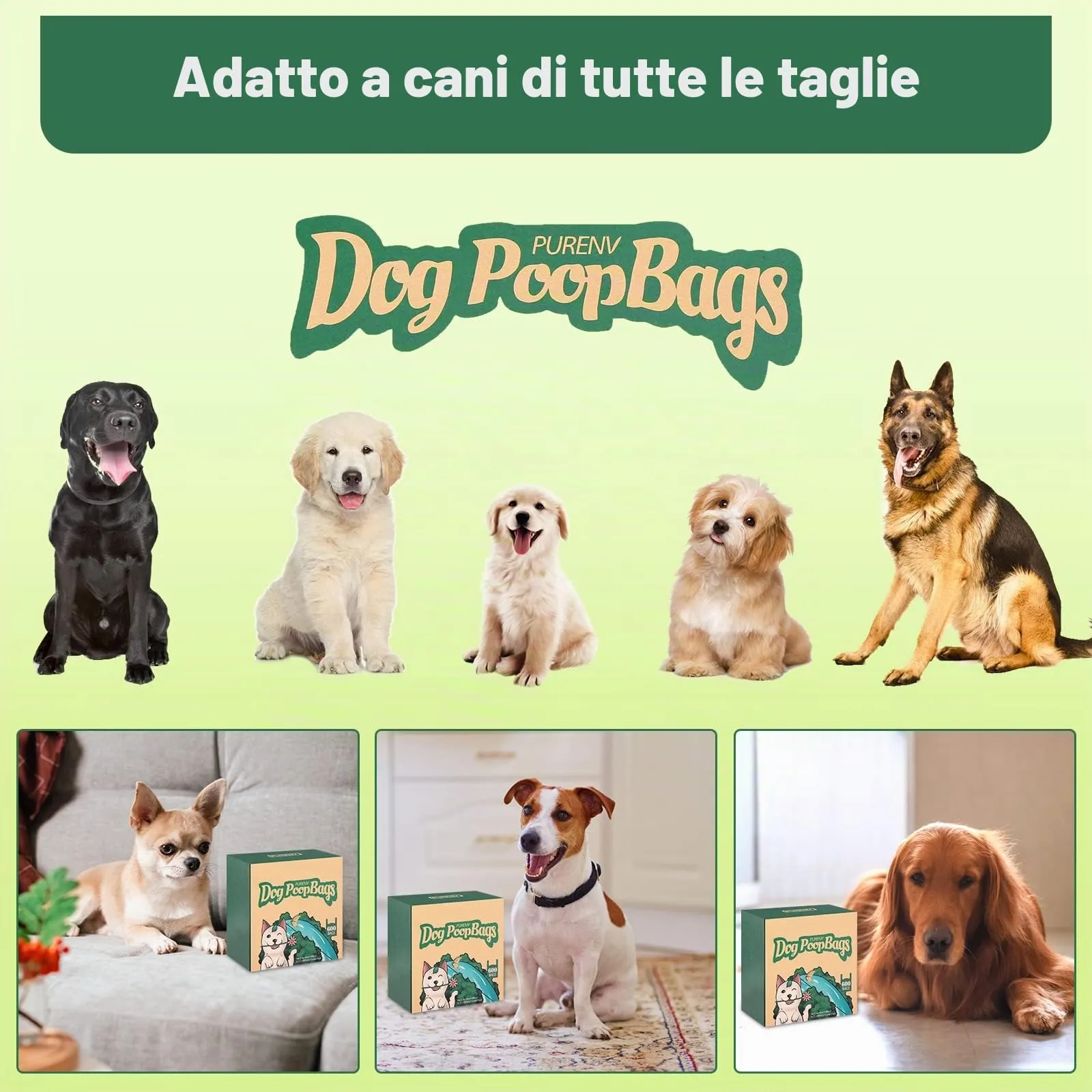PURENV Biodegradabili Sacchetti Cane, 600 Pezzi Ecologico Sacchettini per Pupù per Cani con Manici, 18 * 38 CM Extra Grande, 100% Prova di Perdite Ultra spessa, Super Forte, con Dispenser Scatola - immagine 7