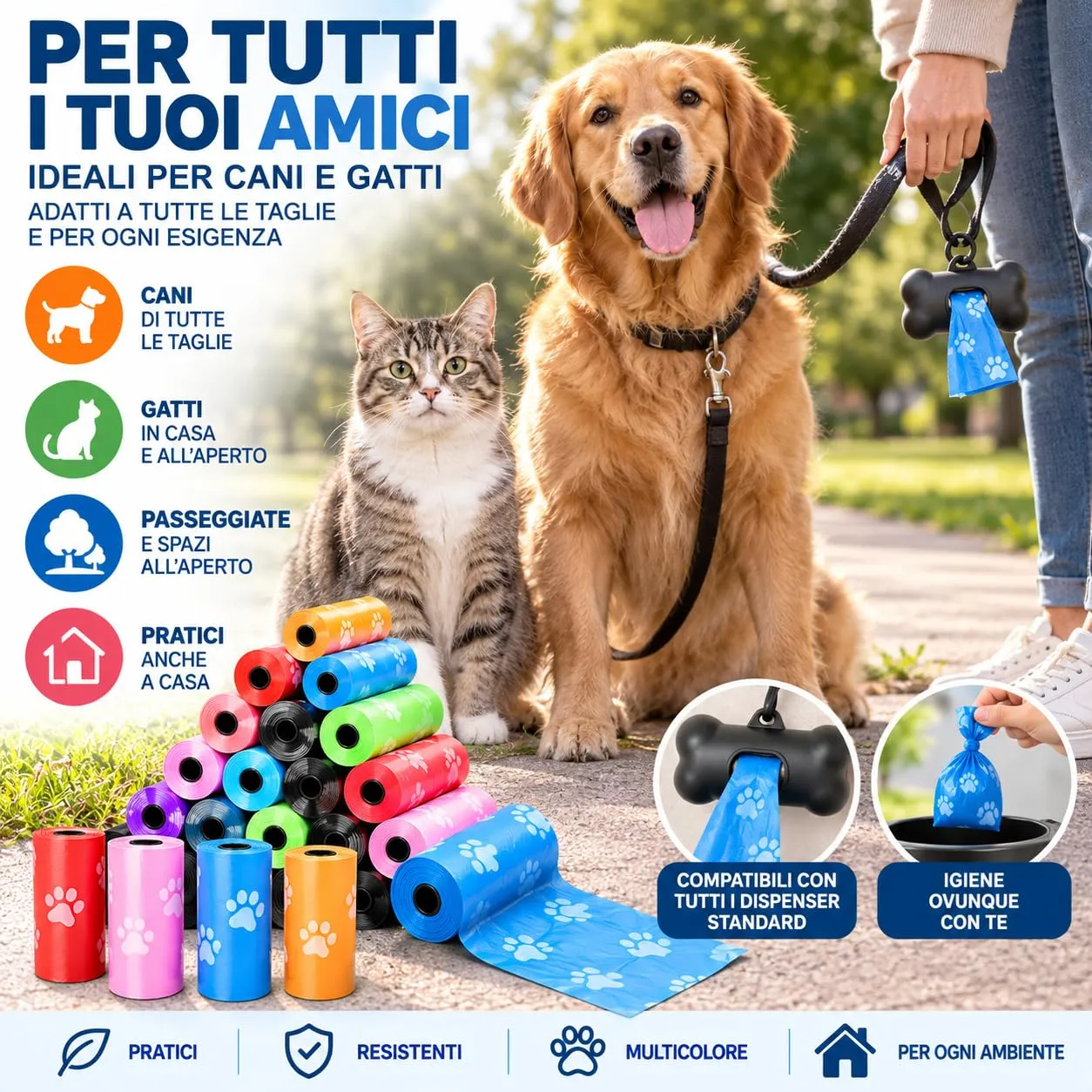 Pack 180 SACCHETTI Pupu Cane Gatto, 12 Rotoli da 15 Sacchi 32X22 cm, Feci Cani e Gatti, Multi Colore Casuale, Spessi e Resistenti, Sacchetto Igienici per Passeggiate e Animali. - immagine 5