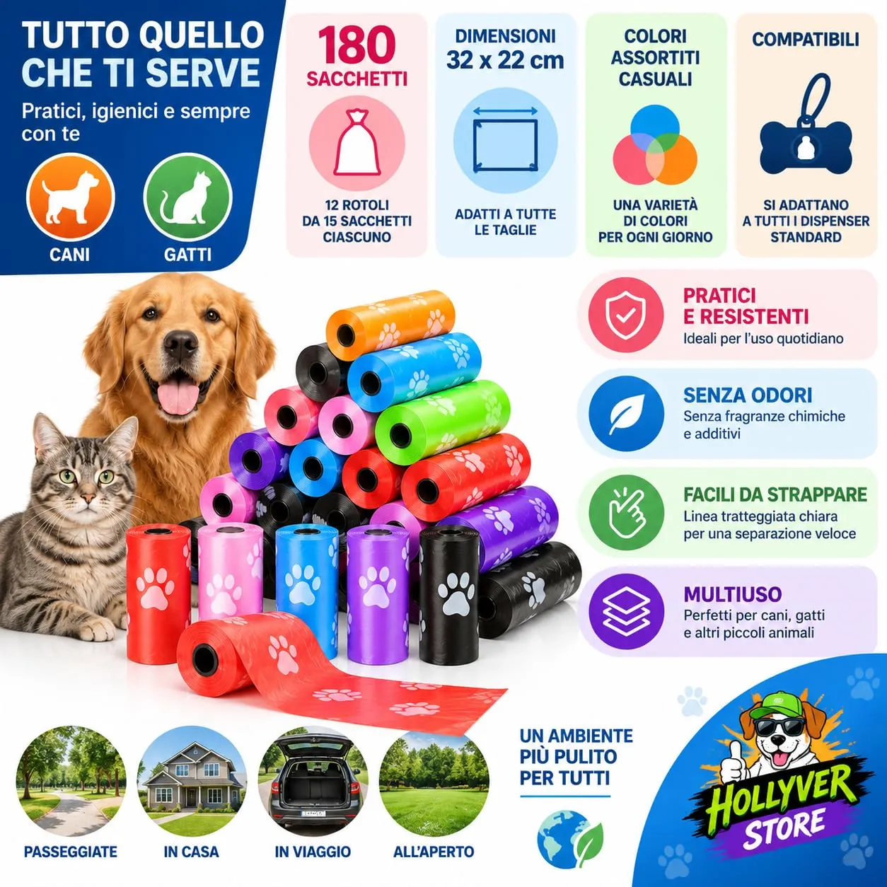 Pack 180 SACCHETTI Pupu Cane Gatto, 12 Rotoli da 15 Sacchi 32X22 cm, Feci Cani e Gatti, Multi Colore Casuale, Spessi e Resistenti, Sacchetto Igienici per Passeggiate e Animali. - immagine 7