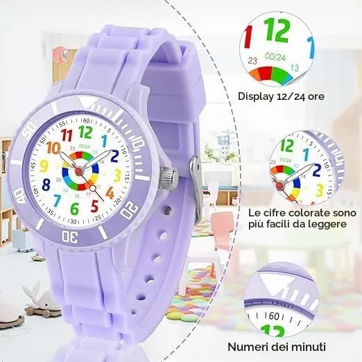DTKID Orologio Bambini Analogico, Ghiera Girevole, Silicone (Viola) - immagine 2