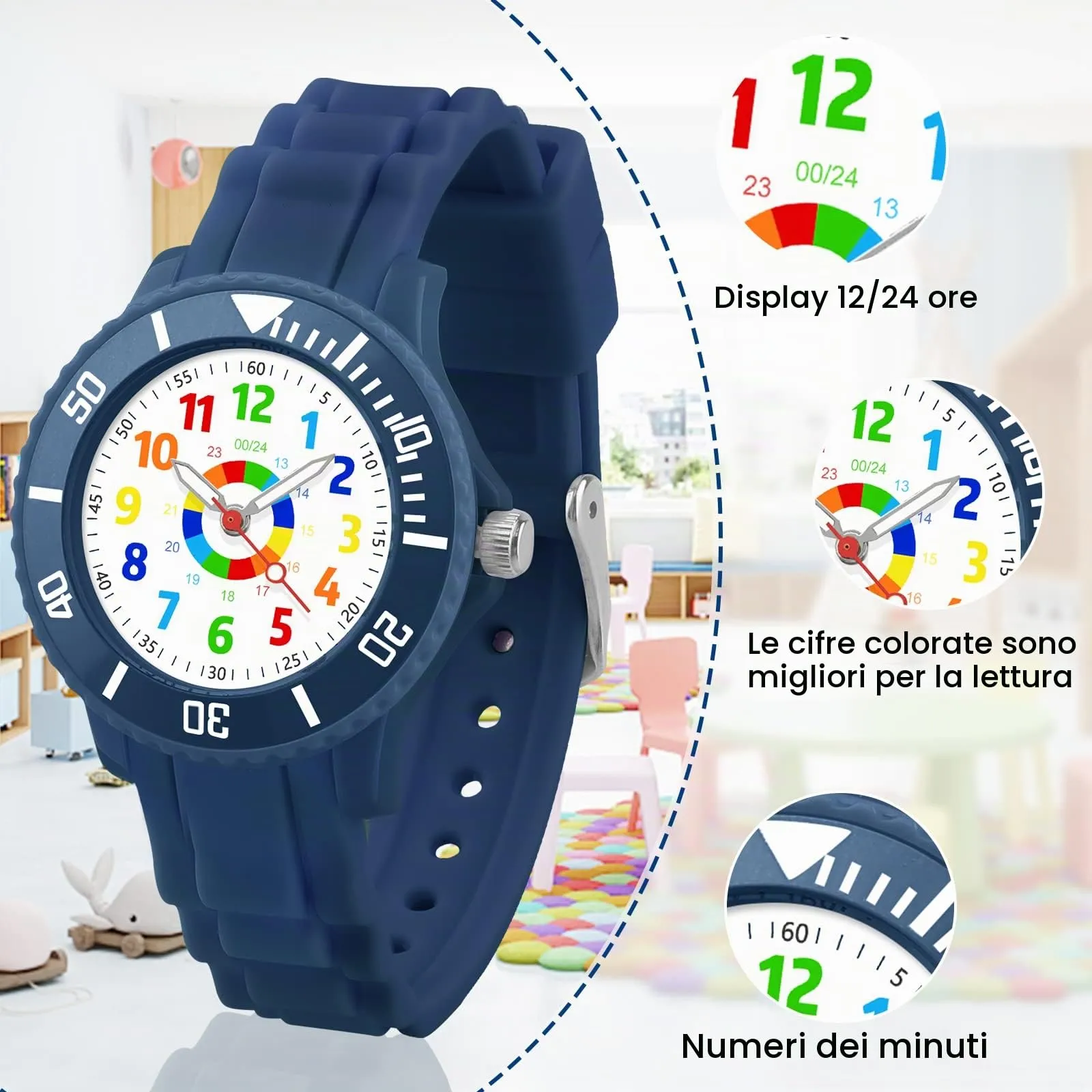 DTKID Orologio Bambini Analogico, Ghiera Girevole, Silicone (Blu Navy) - immagine 4