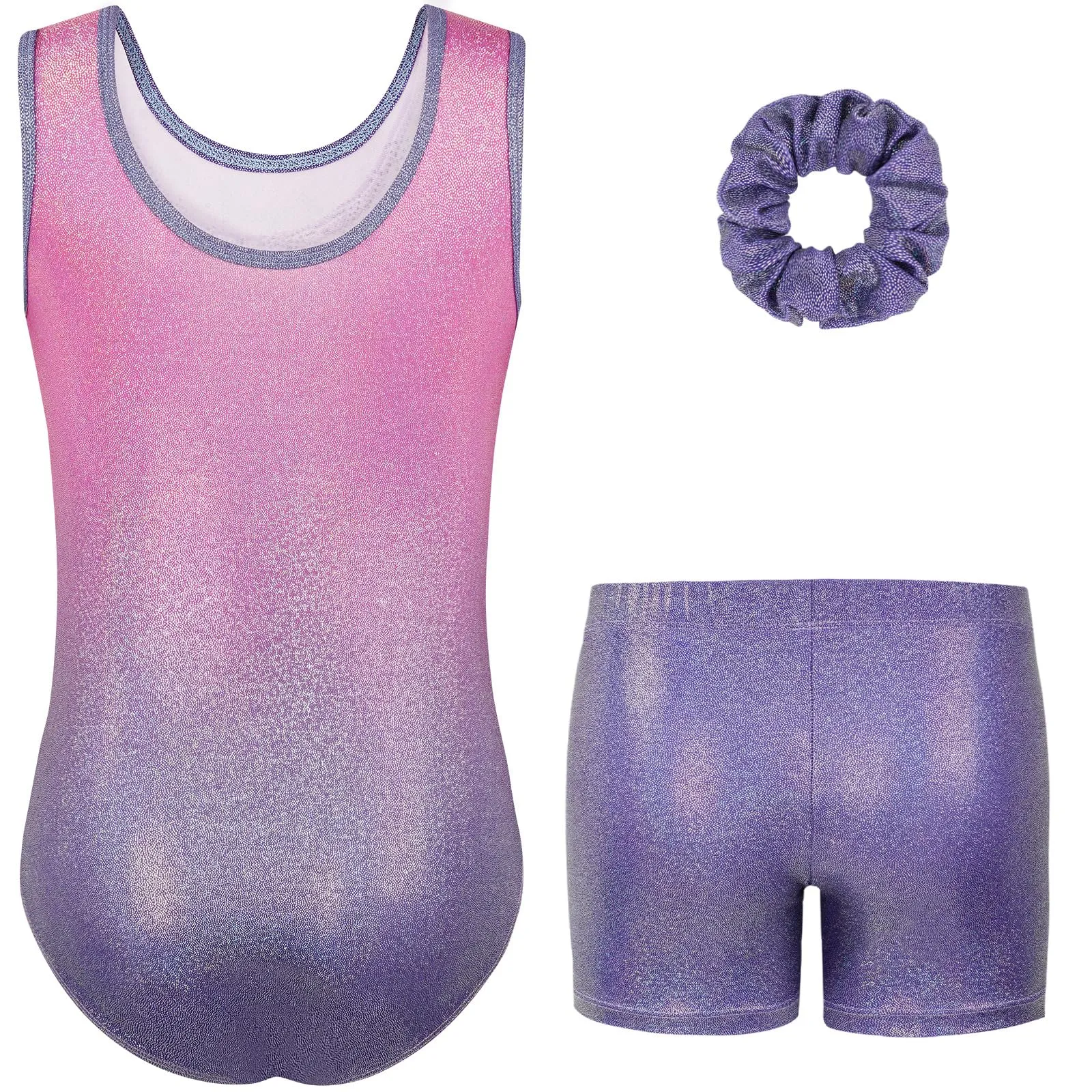 Gogokids - Set da ginnastica a tre pezzi per ragazze, body senza maniche con pantaloncini e fascia, vestito da ginnastica con design a colori scintillanti sfumati, età 3-12 anni, Rosa viola., - immagine 7