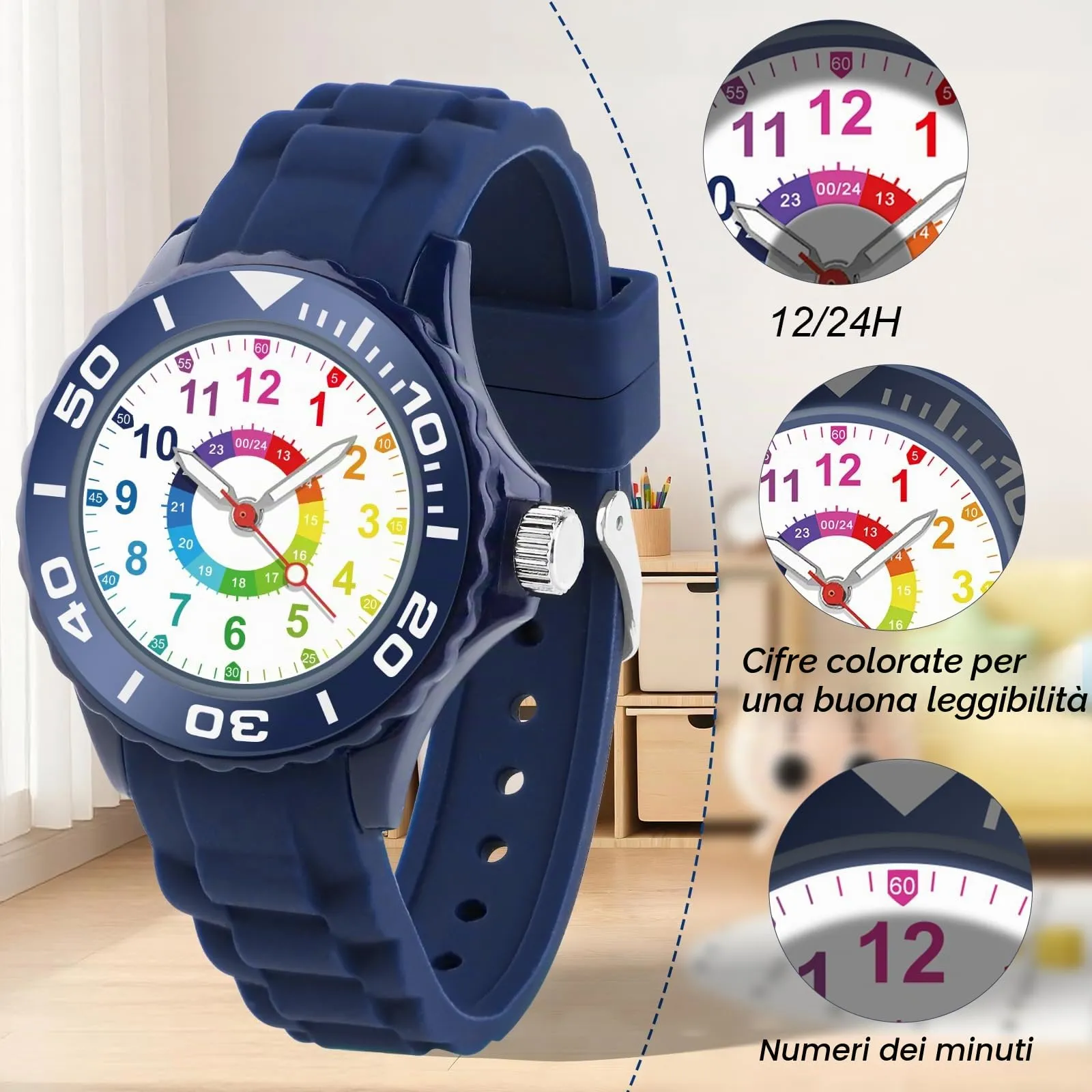 DTKID Orologio Bambini Analogico, Ghiera Girevole, Silicone (Blu) - immagine 2