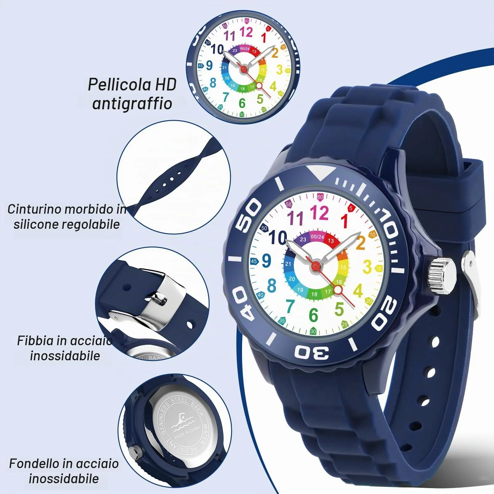 DTKID Orologio Bambini Analogico, Ghiera Girevole, Silicone (Blu) - immagine 5