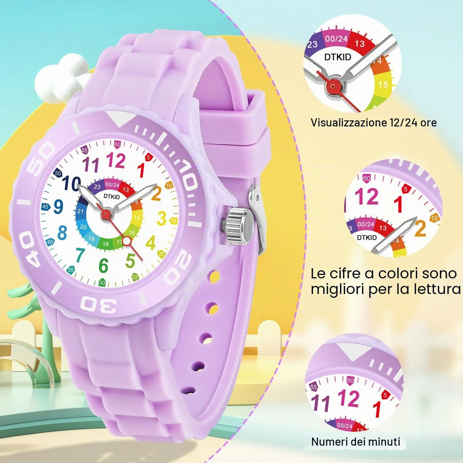 DTKID Orologio Bambini Analogico, Ghiera Girevole, Silicone (Viola) - immagine 2
