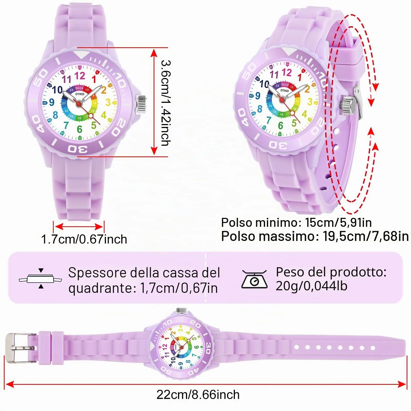 DTKID Orologio Bambini Analogico, Ghiera Girevole, Silicone (Viola) - immagine 5