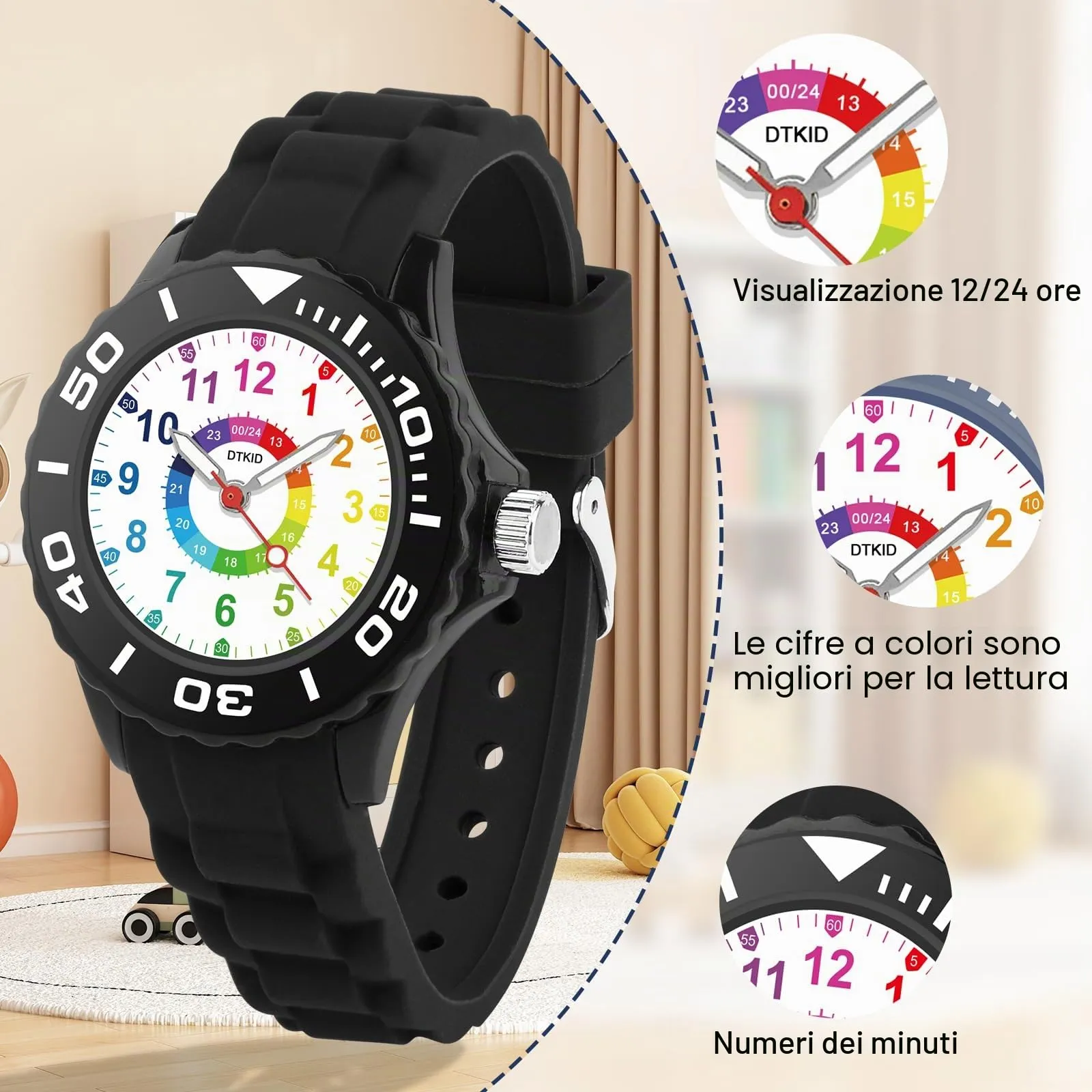 DTKID Orologio Bambini Analogico, Ghiera Girevole, Silicone (Nero) - immagine 2