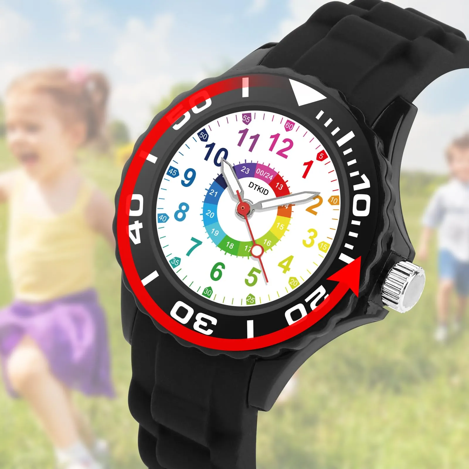 DTKID Orologio Bambini Analogico, Ghiera Girevole, Silicone (Nero) - immagine 3