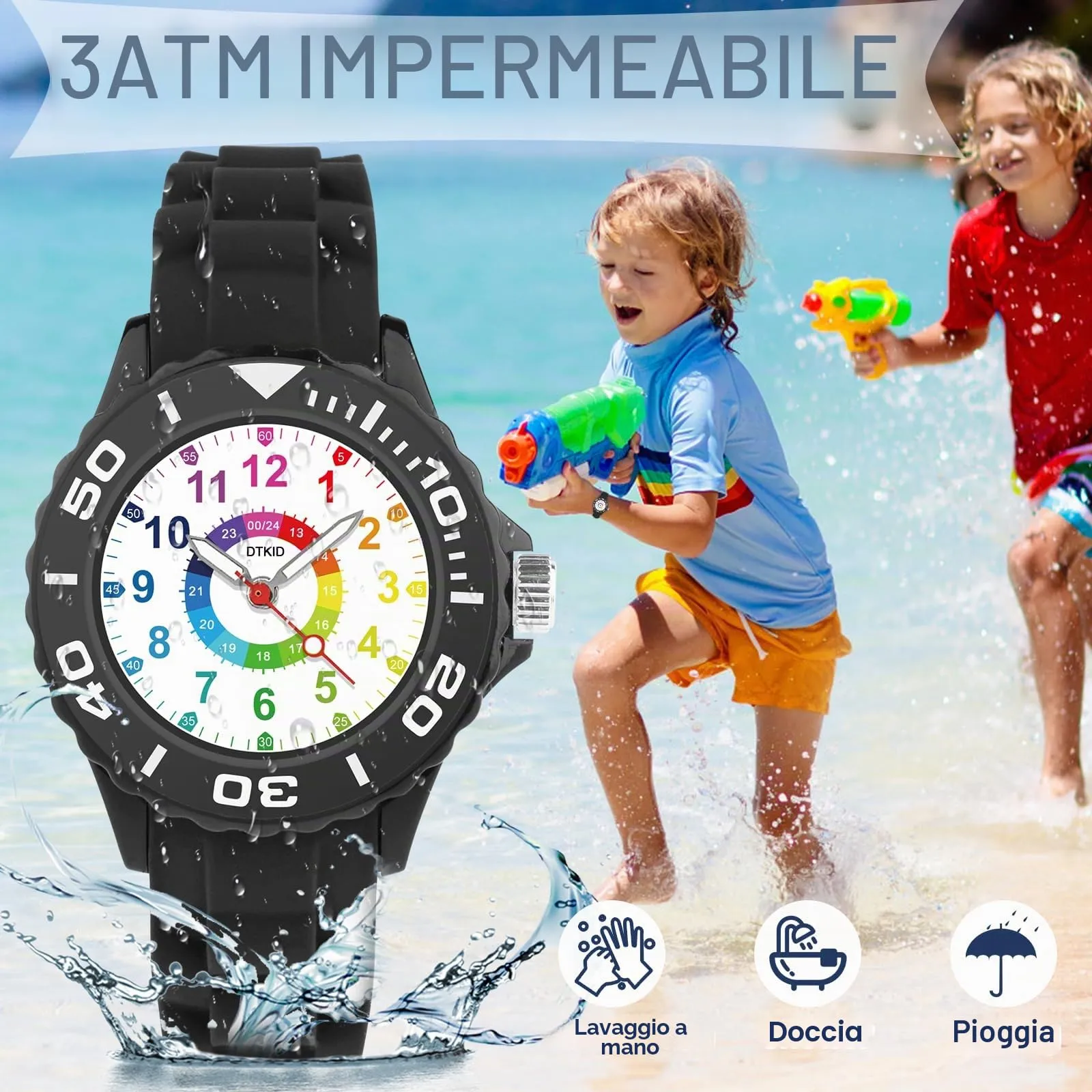 DTKID Orologio Bambini Analogico, Ghiera Girevole, Silicone (Nero) - immagine 4