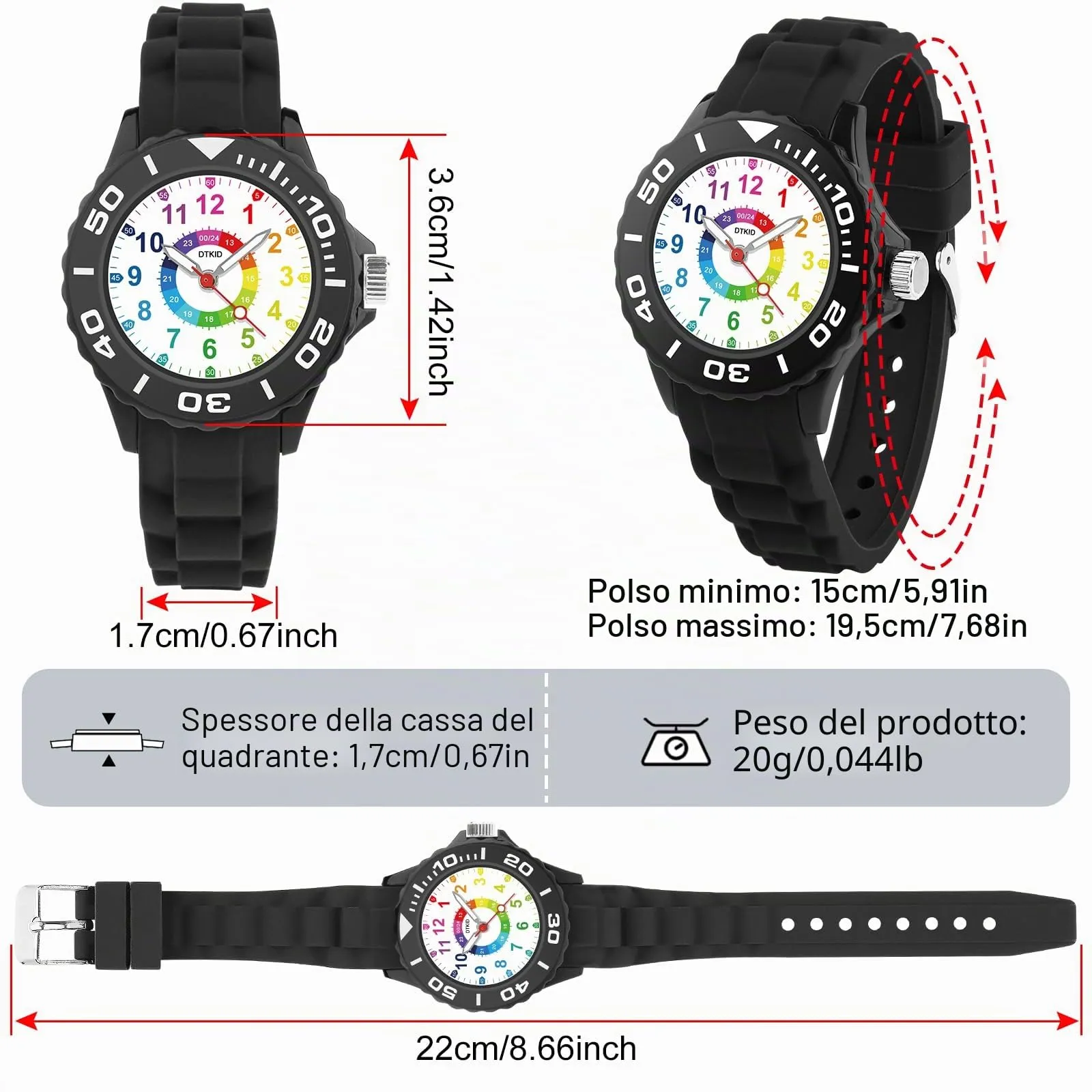 DTKID Orologio Bambini Analogico, Ghiera Girevole, Silicone (Nero) - immagine 5
