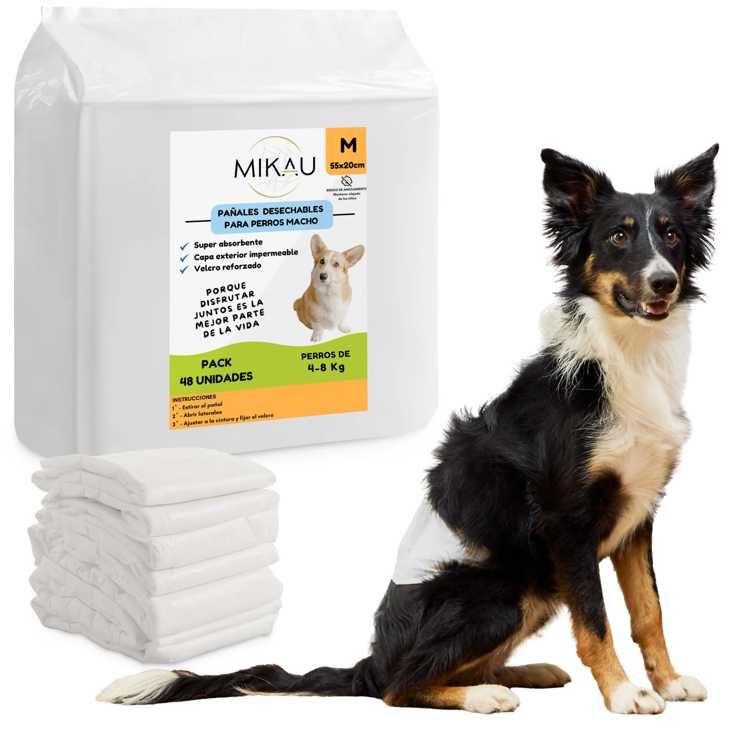 MIKAU - Pannolini per cani maschi ultra assorbenti (confezione da 48), vestibilità anti-perdite, comodi e resistenti, facile da posizionare. Incluso il rotolo del sacchetto per la cacca - immagine 1