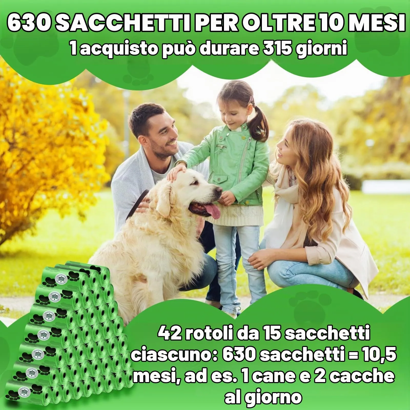 630 Pezzi Sacchetti Cane Cacca, Biodegradabili Prova di Perdite Sacchetti Cacca Cane, Profumo di Lavanda Sacchetti per Cani, 22.5 x 30 CM (42 Rotoli, 15 per Rotolo) - immagine 3