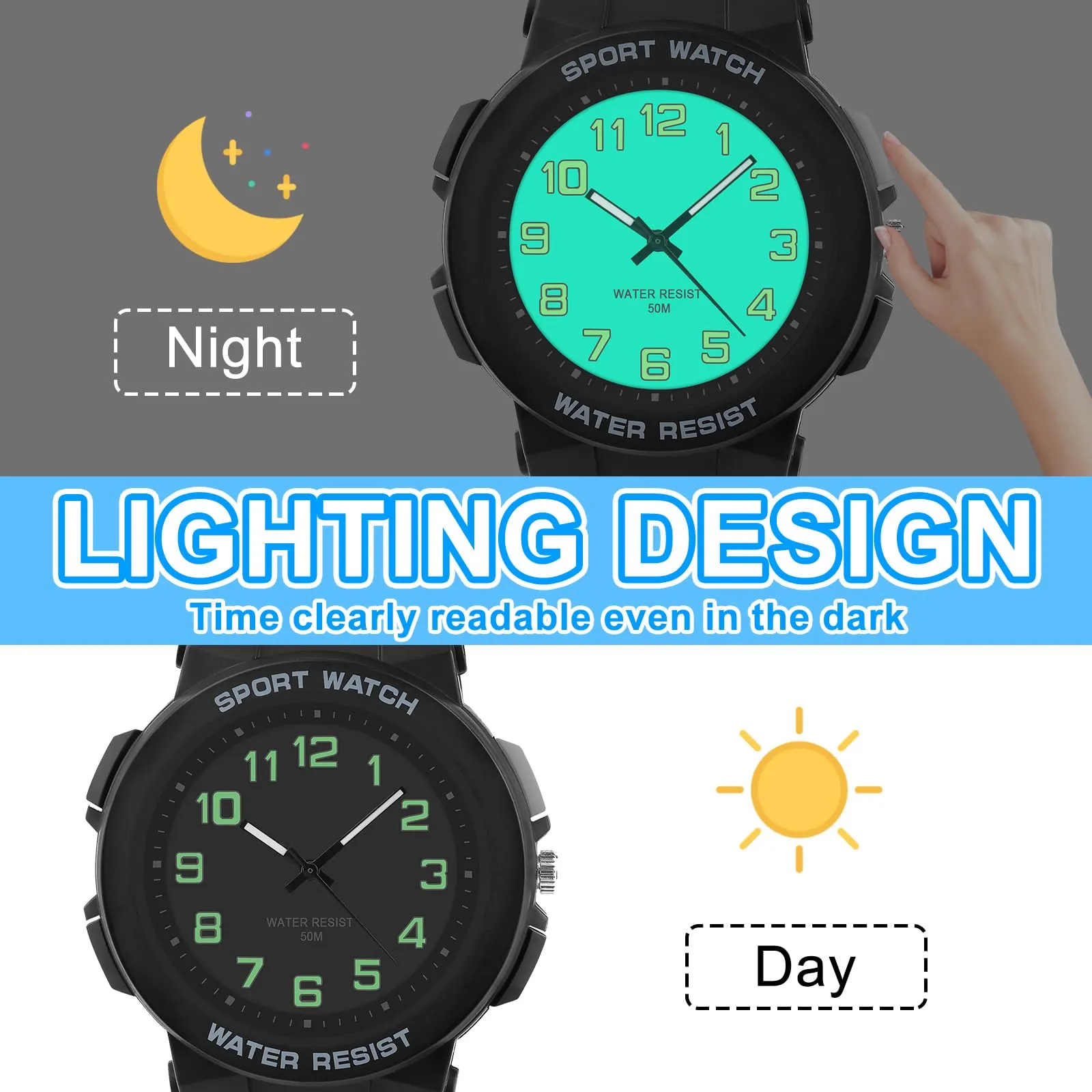 DTKID Orologio Bambini Analogico, Luce Notturna, Facile Lettura, 50M (Nero) - immagine 2