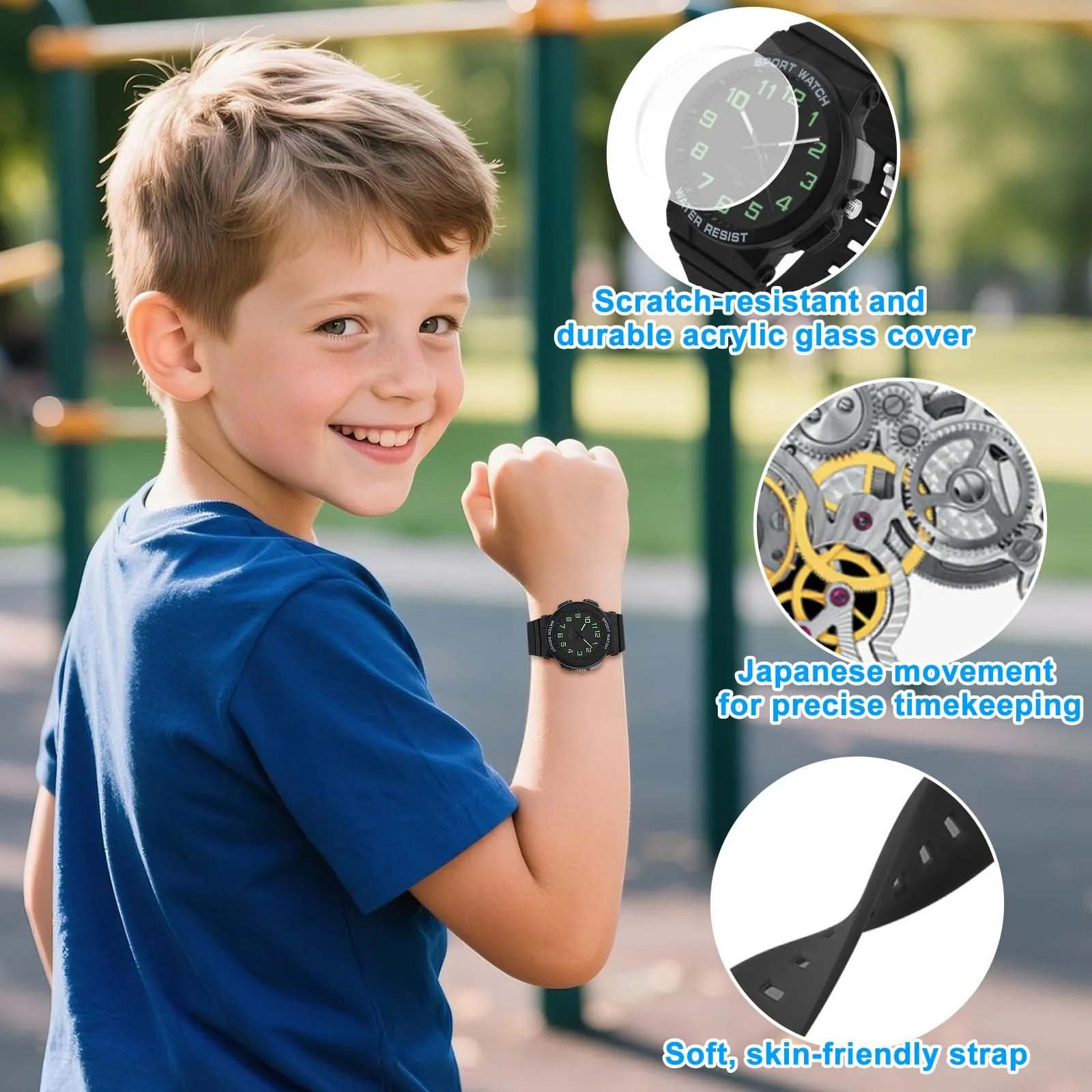 DTKID Orologio Bambini Analogico, Luce Notturna, Facile Lettura, 50M (Nero) - immagine 5