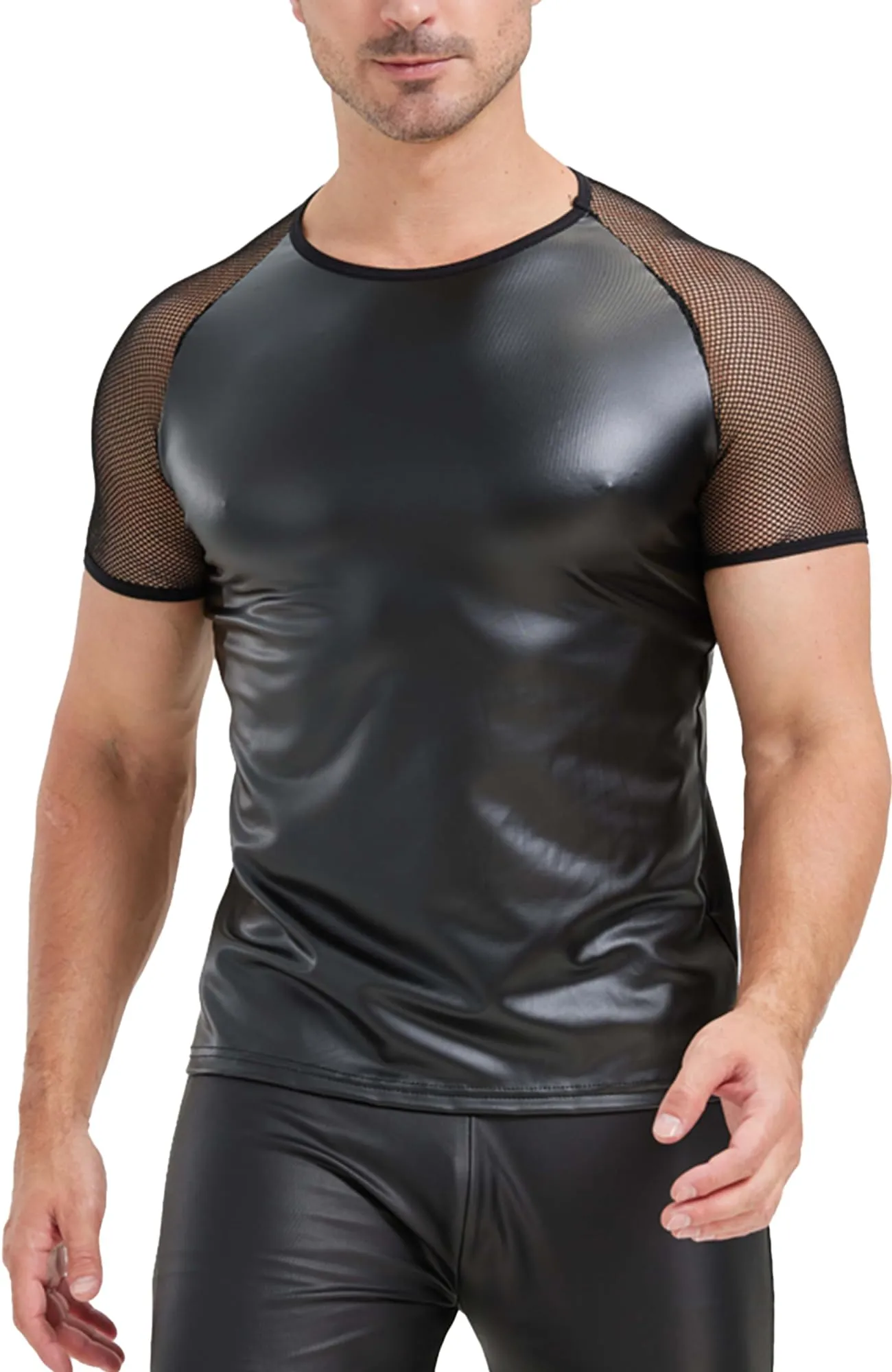 FEOYA Maglietta intima da uomo in lattice, senza maniche, sexy, effetto bagnato, da uomo, in pelle PU, senza maniche, erotica, da uomo, A1, L - immagine 1