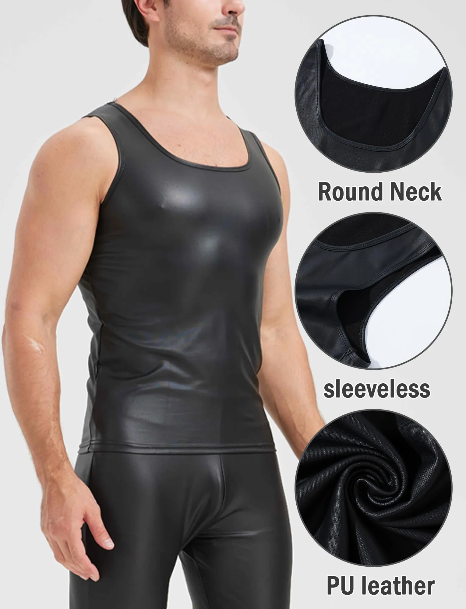 FEOYA Maglietta intima da uomo in lattice, senza maniche, sexy, effetto bagnato, da uomo, in pelle PU, senza maniche, erotica, da uomo, A2, S - immagine 5