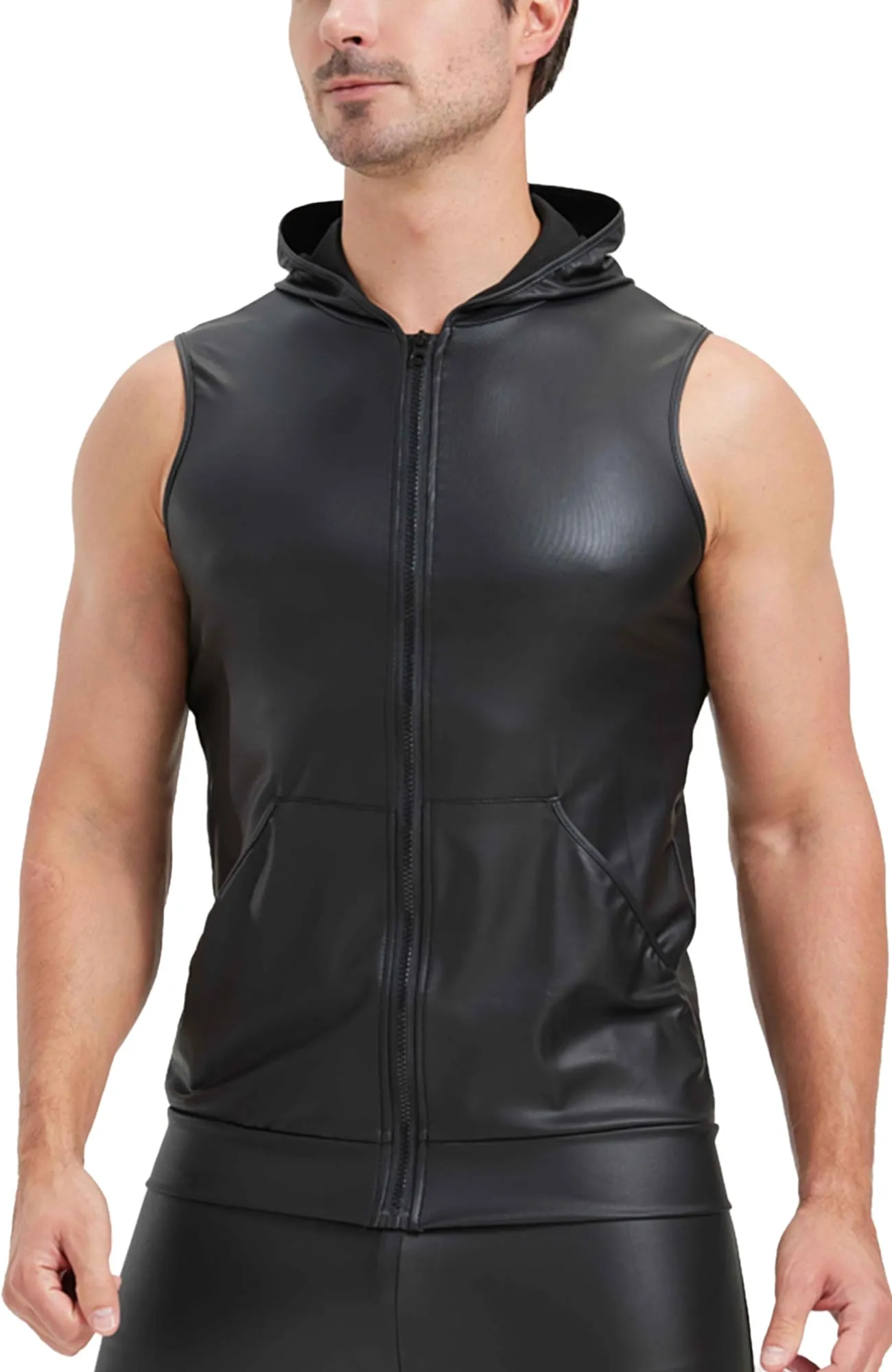 FEOYA Maglietta intima da uomo in lattice, senza maniche, sexy, effetto bagnato, da uomo, in pelle PU, senza maniche, erotica, da uomo, A3, L - immagine 1