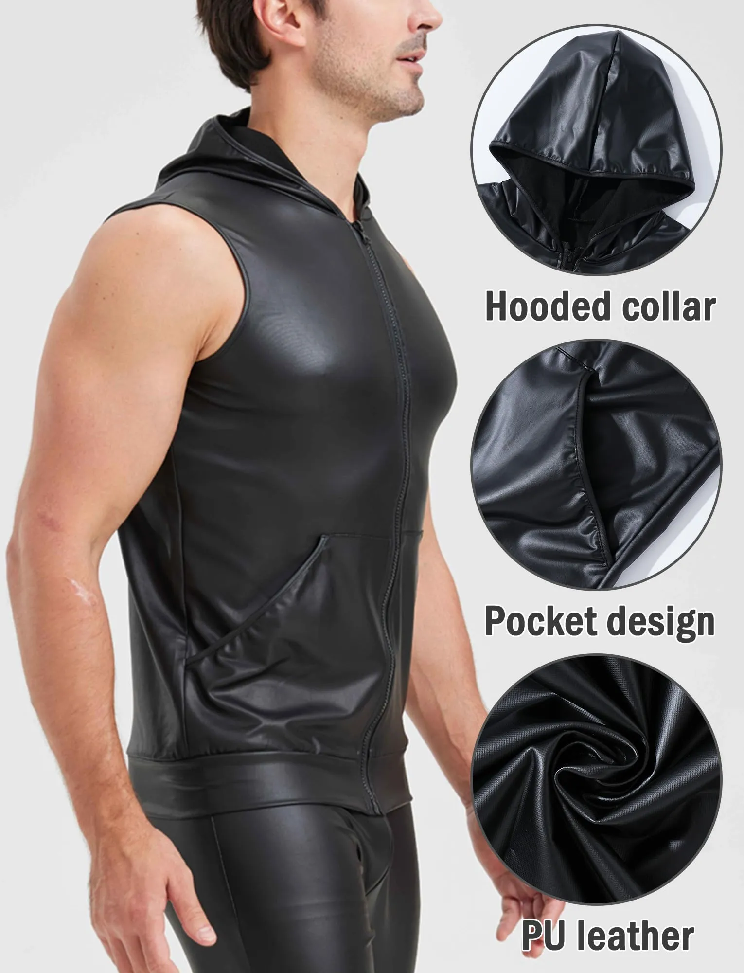 FEOYA Maglietta intima da uomo in lattice, senza maniche, sexy, effetto bagnato, da uomo, in pelle PU, senza maniche, erotica, da uomo, A3, L - immagine 5