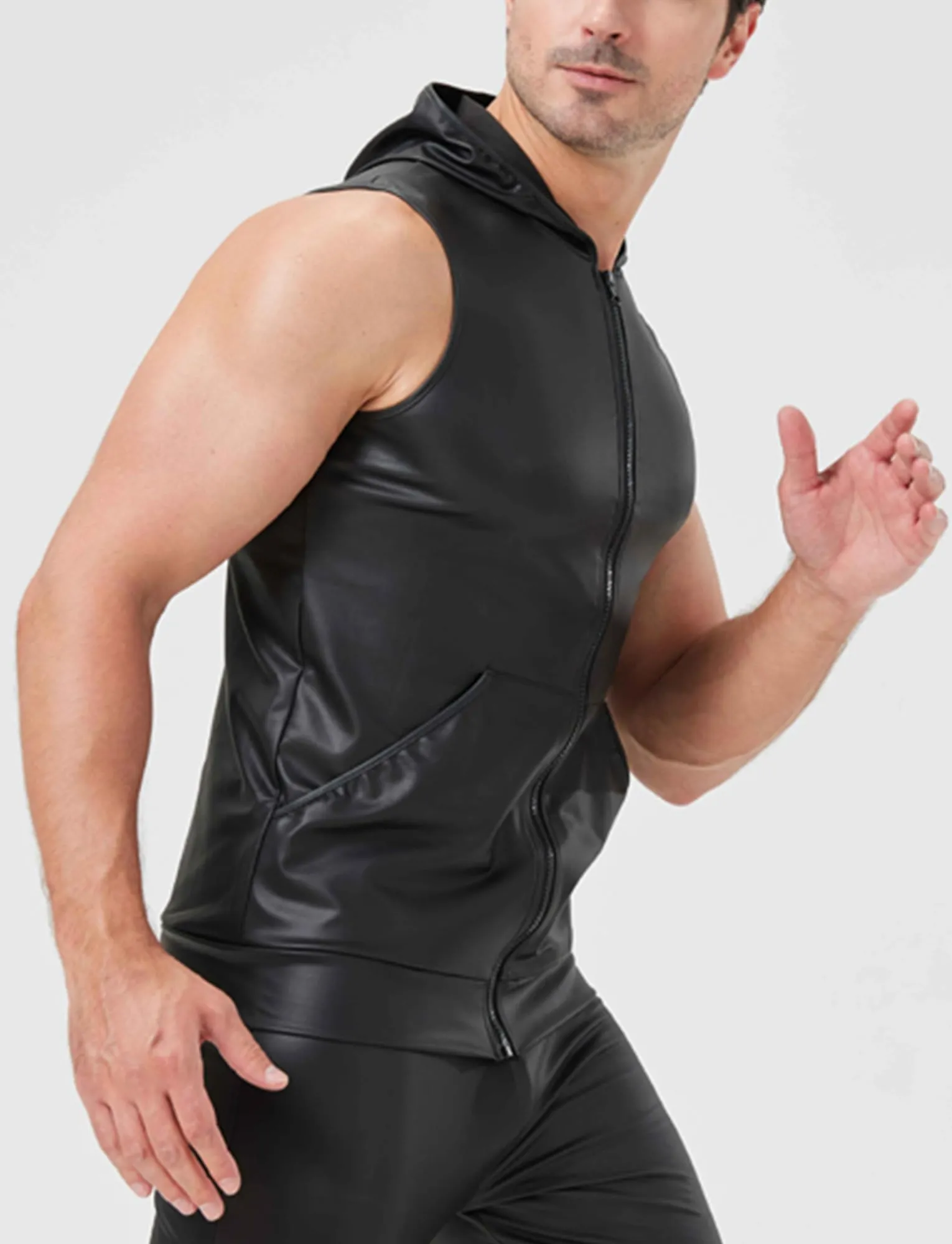 FEOYA Maglietta intima da uomo in lattice, senza maniche, sexy, effetto bagnato, da uomo, in pelle PU, senza maniche, erotica, da uomo, A3, XL - immagine 2