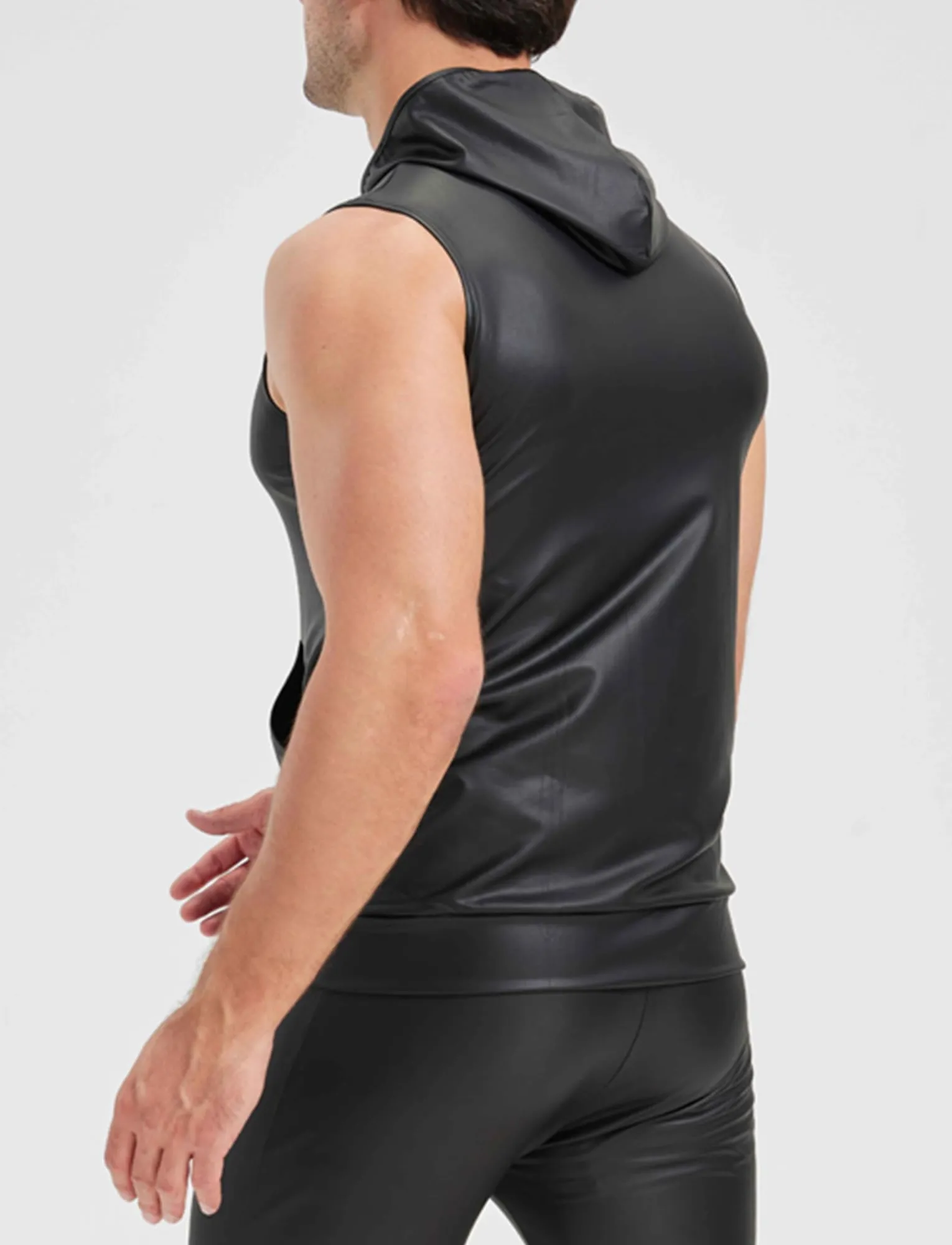 FEOYA Maglietta intima da uomo in lattice, senza maniche, sexy, effetto bagnato, da uomo, in pelle PU, senza maniche, erotica, da uomo, A3, XL - immagine 3