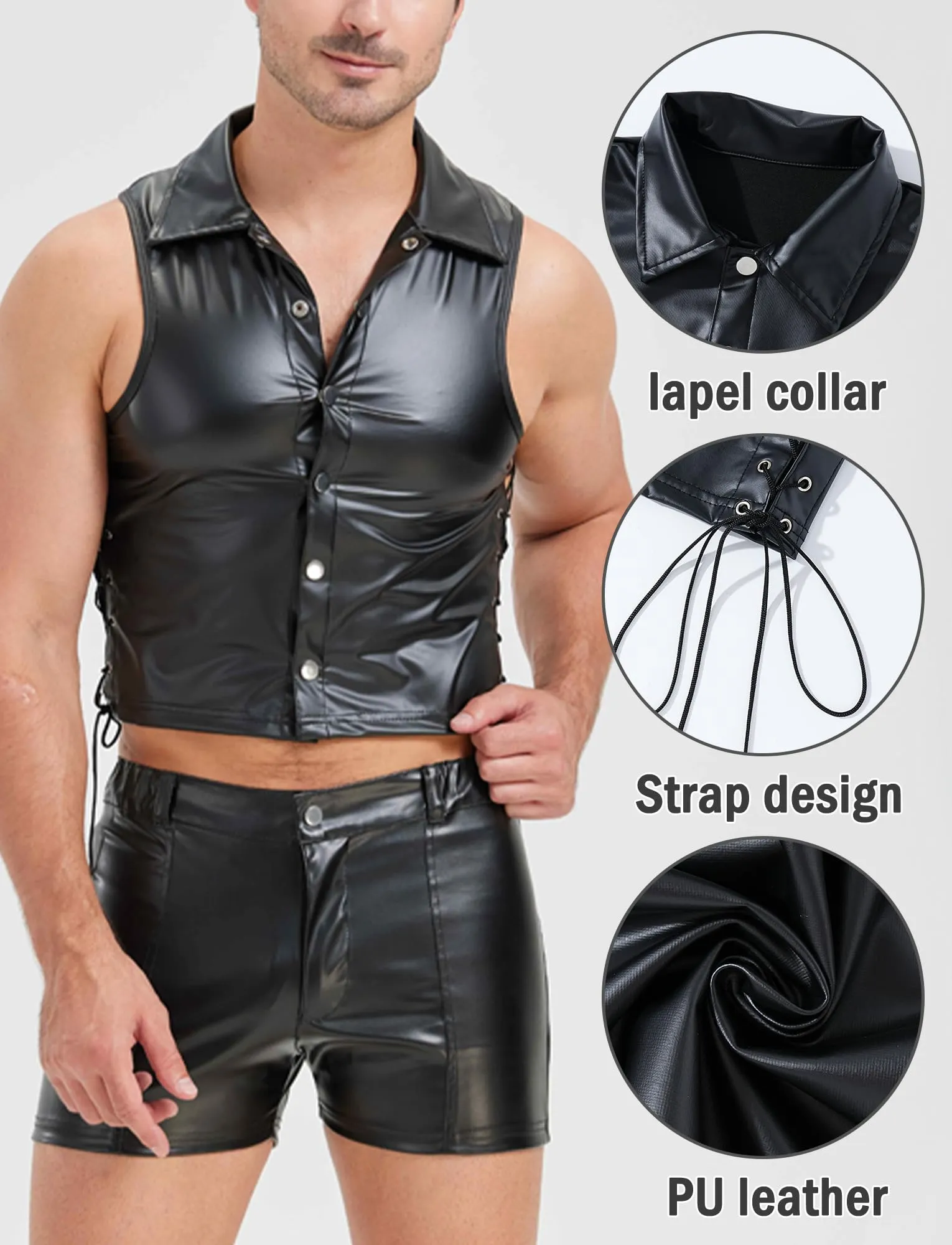 FEOYA Maglietta intima da uomo in lattice, senza maniche, sexy, effetto bagnato, da uomo, in pelle PU, senza maniche, erotica, da uomo, A4., M - immagine 5