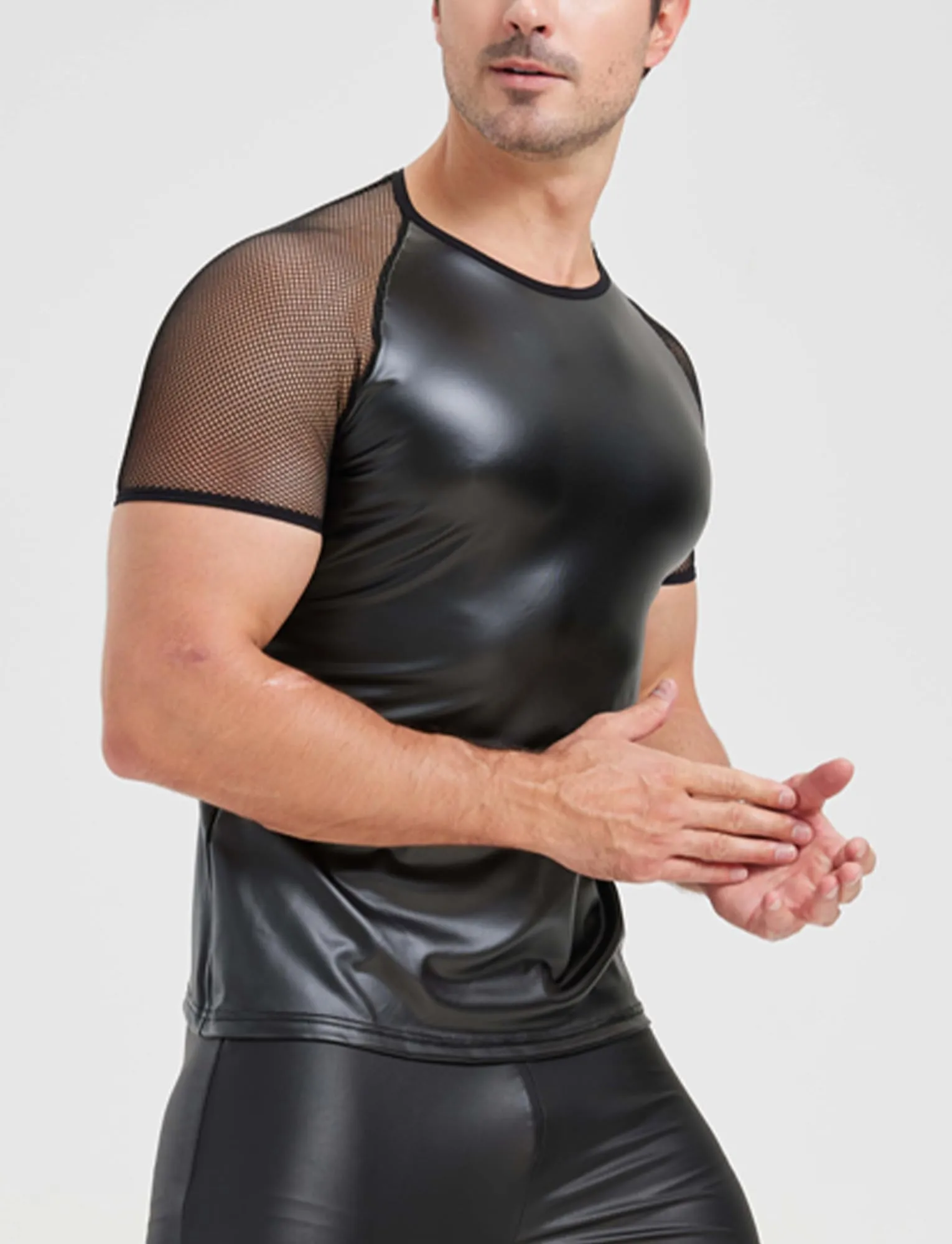 FEOYA Maglietta intima da uomo in lattice, senza maniche, sexy, effetto bagnato, da uomo, in pelle PU, senza maniche, erotica, da uomo, A1, XL - immagine 2
