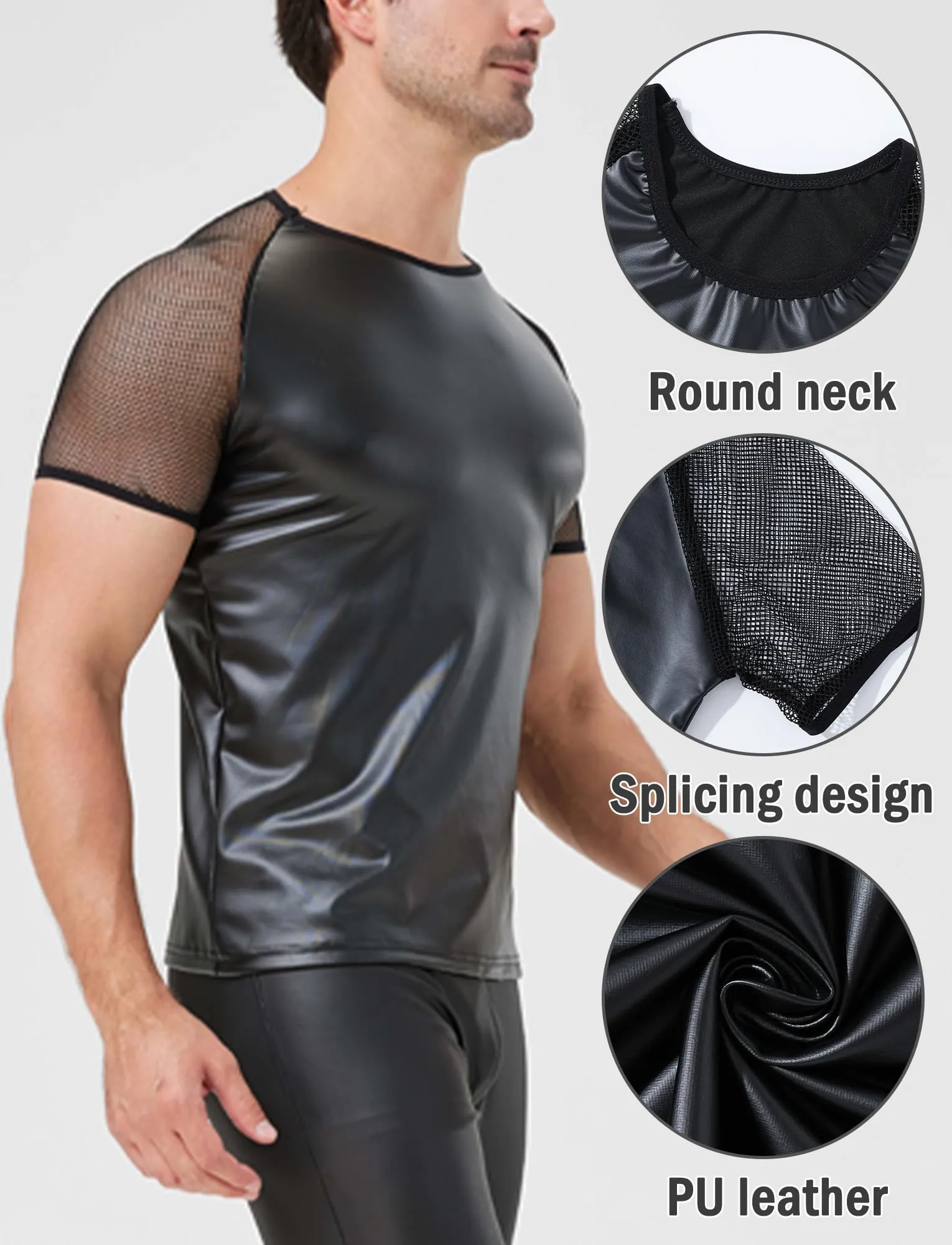 FEOYA Maglietta intima da uomo in lattice, senza maniche, sexy, effetto bagnato, da uomo, in pelle PU, senza maniche, erotica, da uomo, A1, XL - immagine 5