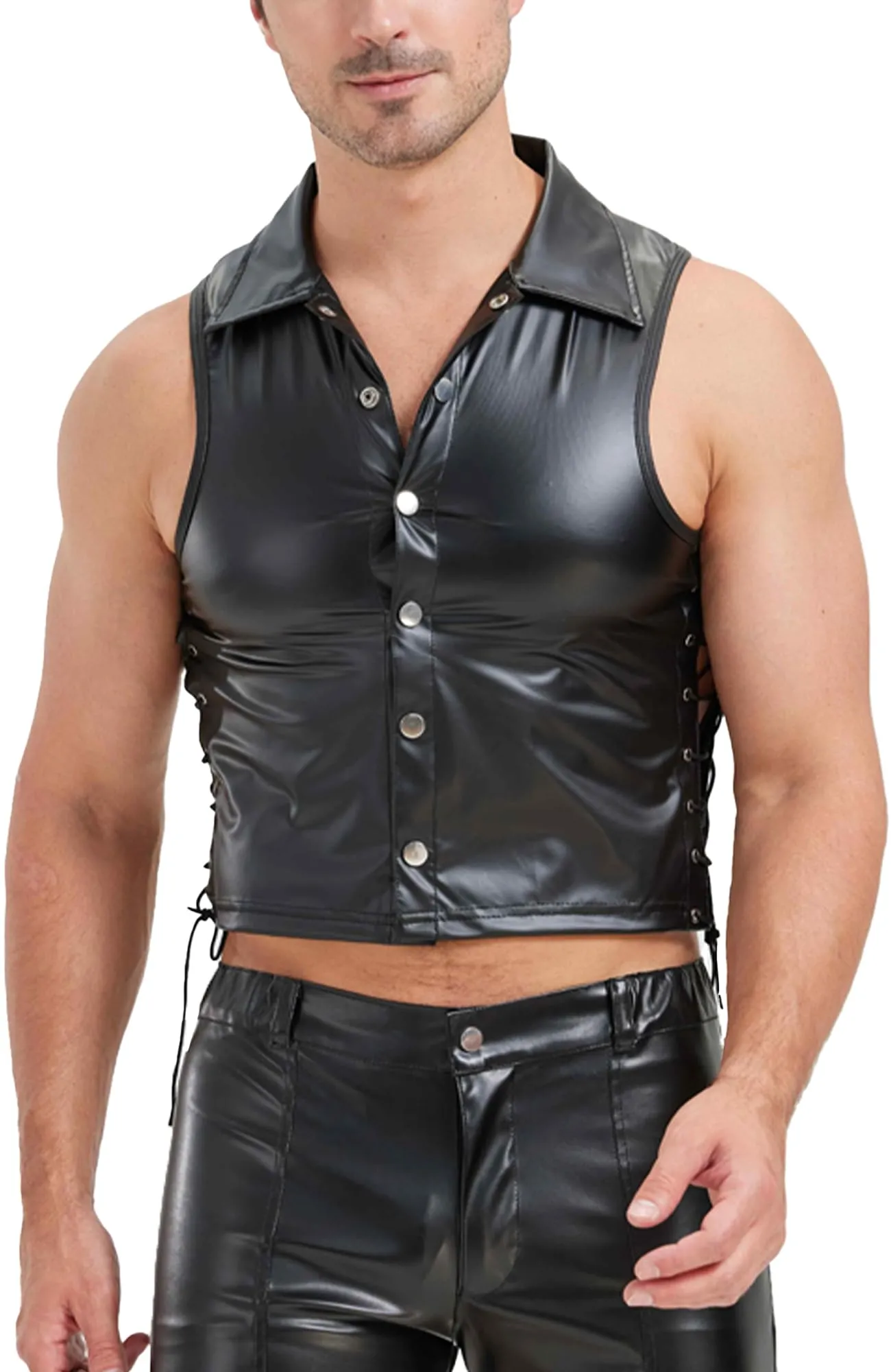 FEOYA Maglietta intima da uomo in lattice, senza maniche, sexy, effetto bagnato, da uomo, in pelle PU, senza maniche, erotica, da uomo, A4., S - immagine 1