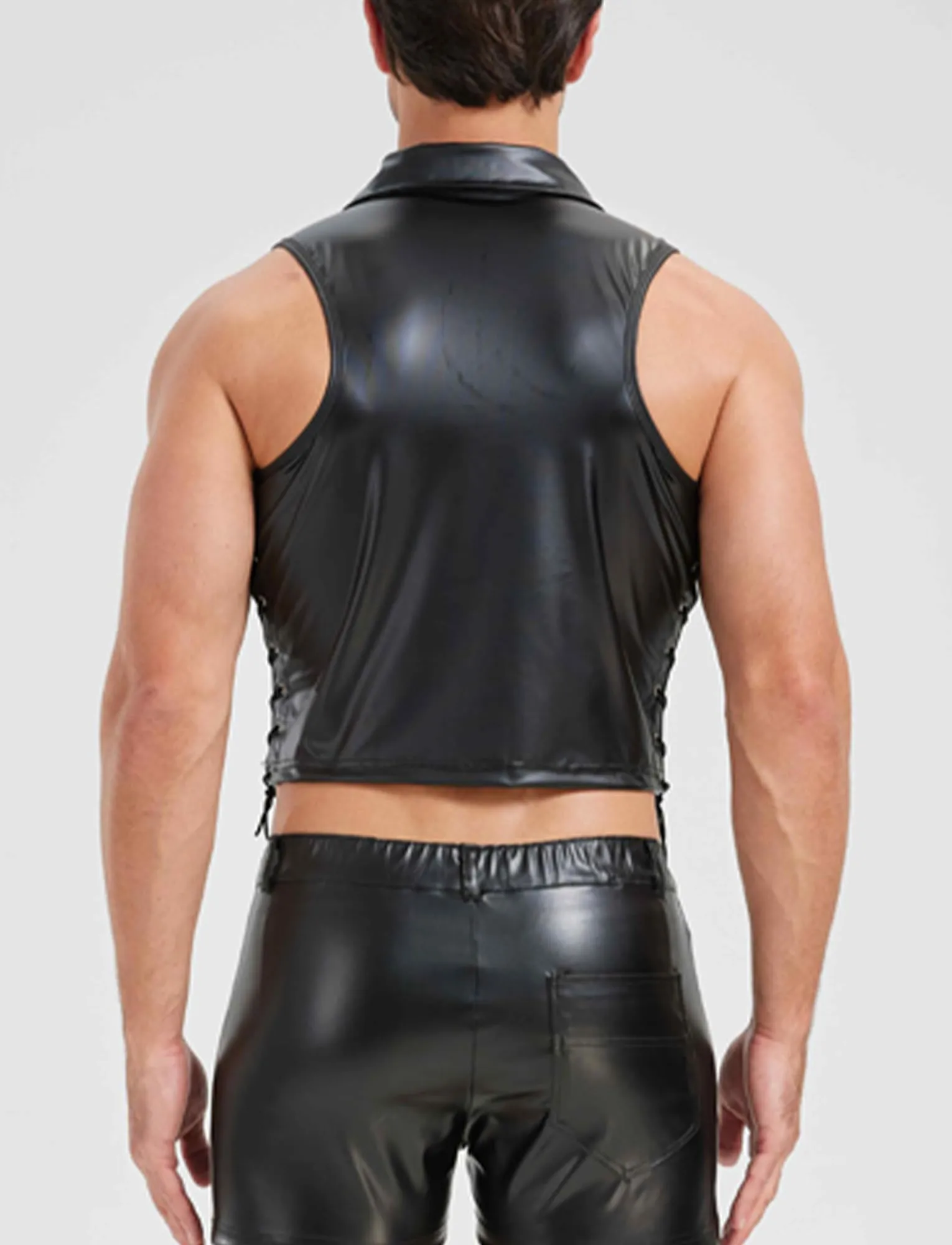 FEOYA Maglietta intima da uomo in lattice, senza maniche, sexy, effetto bagnato, da uomo, in pelle PU, senza maniche, erotica, da uomo, A4., S - immagine 3