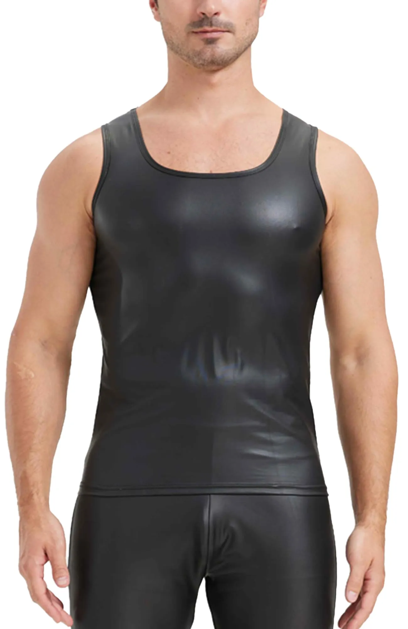 FEOYA Maglietta intima da uomo in lattice, senza maniche, sexy, effetto bagnato, da uomo, in pelle PU, senza maniche, erotica, da uomo, A2, XL - immagine 1