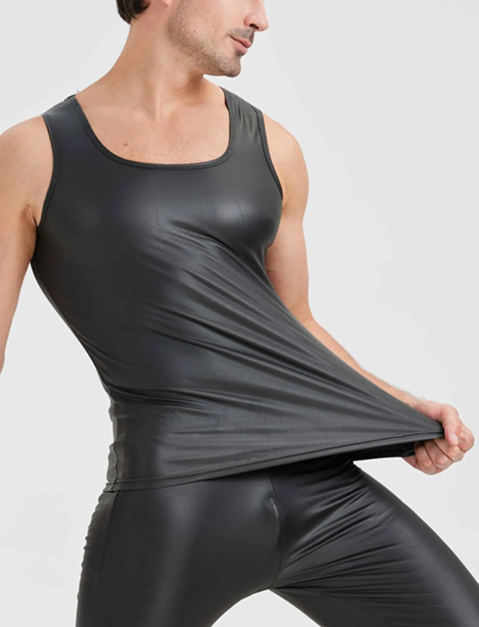 FEOYA Maglietta intima da uomo in lattice, senza maniche, sexy, effetto bagnato, da uomo, in pelle PU, senza maniche, erotica, da uomo, A2, XL - immagine 2