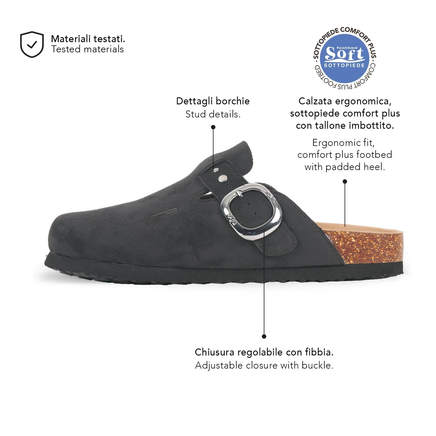 PERLETTI Sabot Donna Comode Leggere Effetto Scamosciato - Ciabatte Invernali Estive Casa Suola Antiscivolo Chiuse con Fibbia - Pantofole da Donna Sandali Comfort Borchie Ragazza (Nero, EU 37) - immagine 6